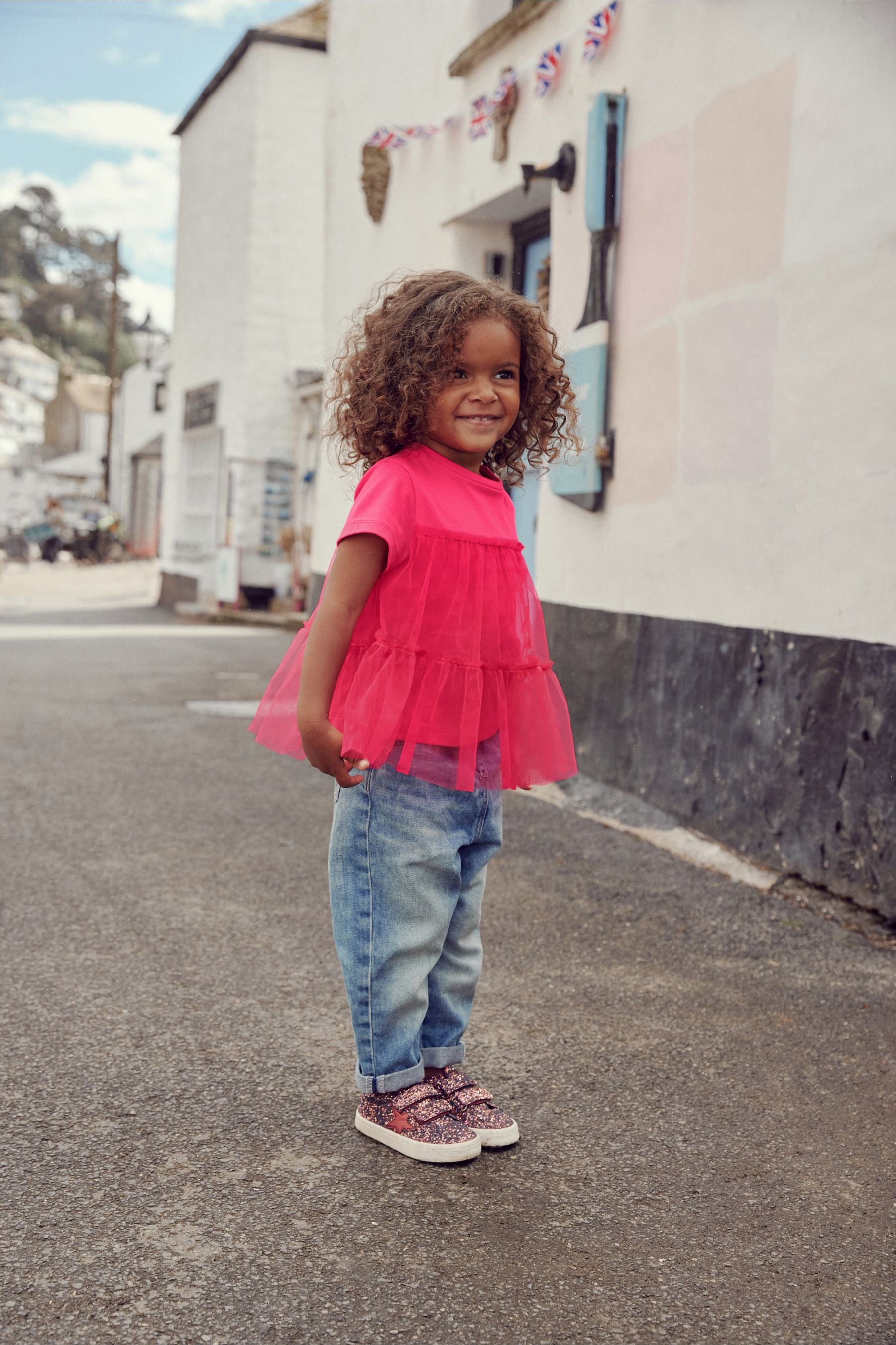 Bright Pink Short Sleeve Mesh Detail Party Top (3mths-7yrs)