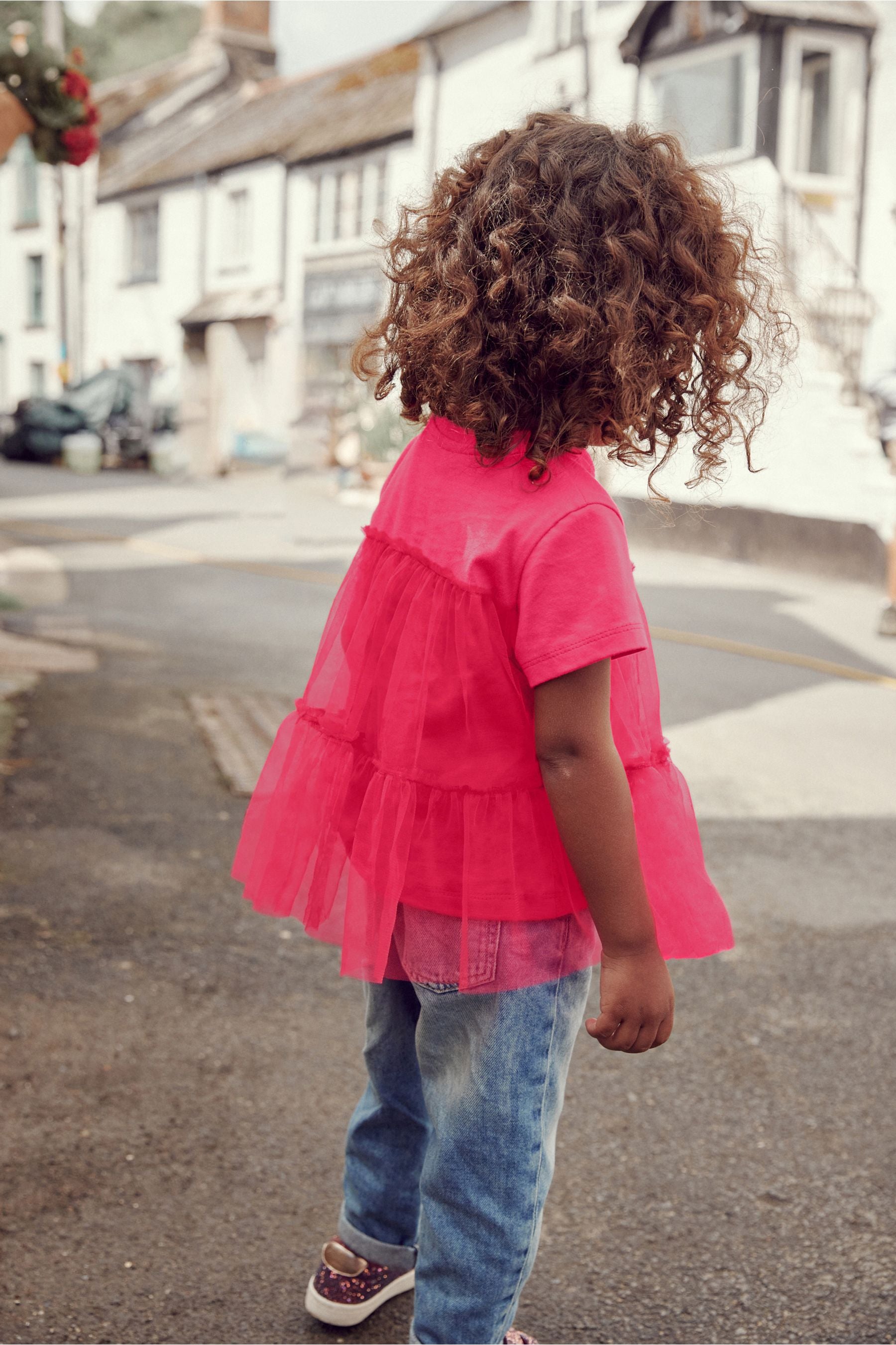 Bright Pink Short Sleeve Mesh Detail Party Top (3mths-7yrs)