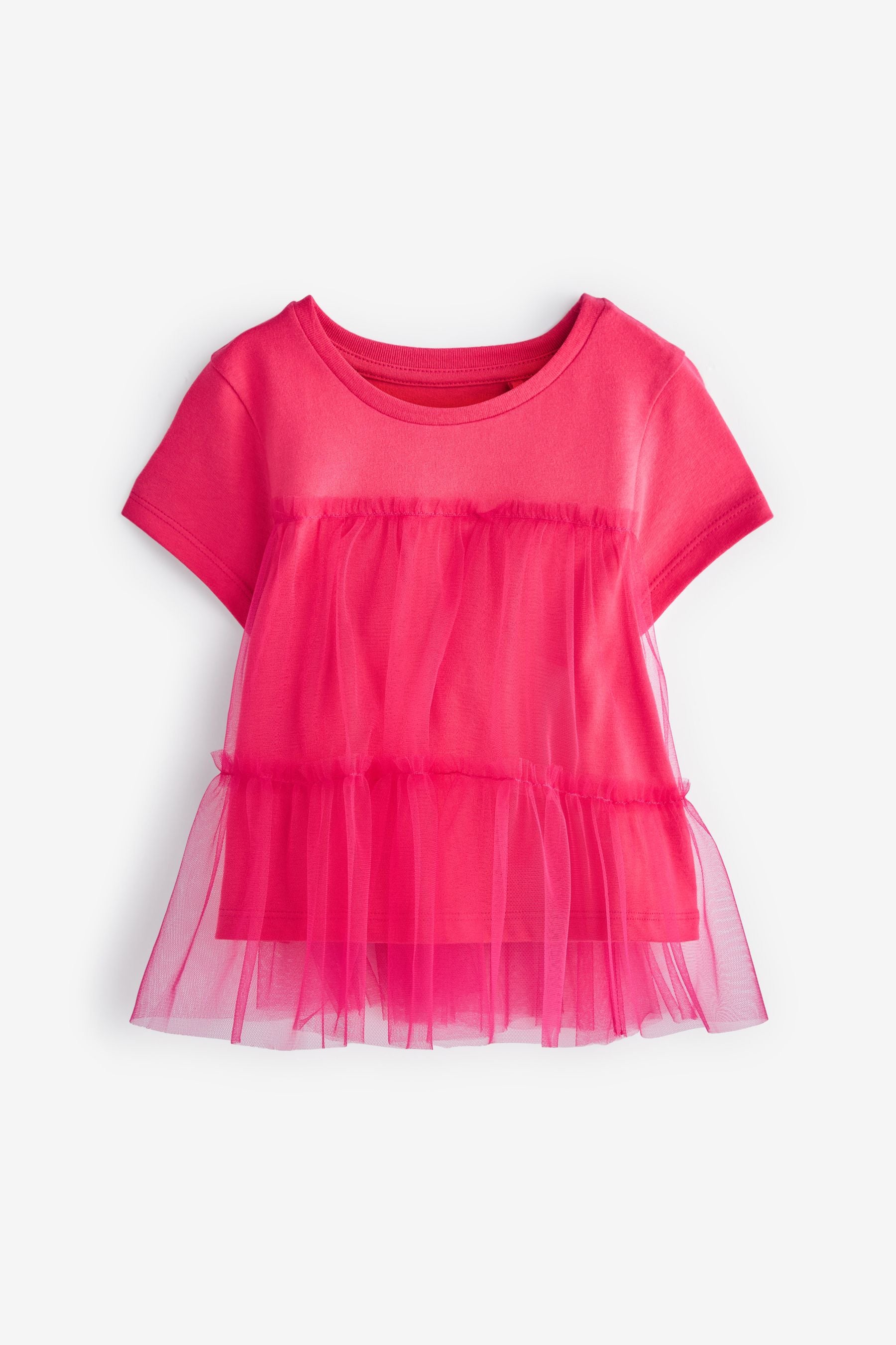 Bright Pink Short Sleeve Mesh Detail Party Top (3mths-7yrs)