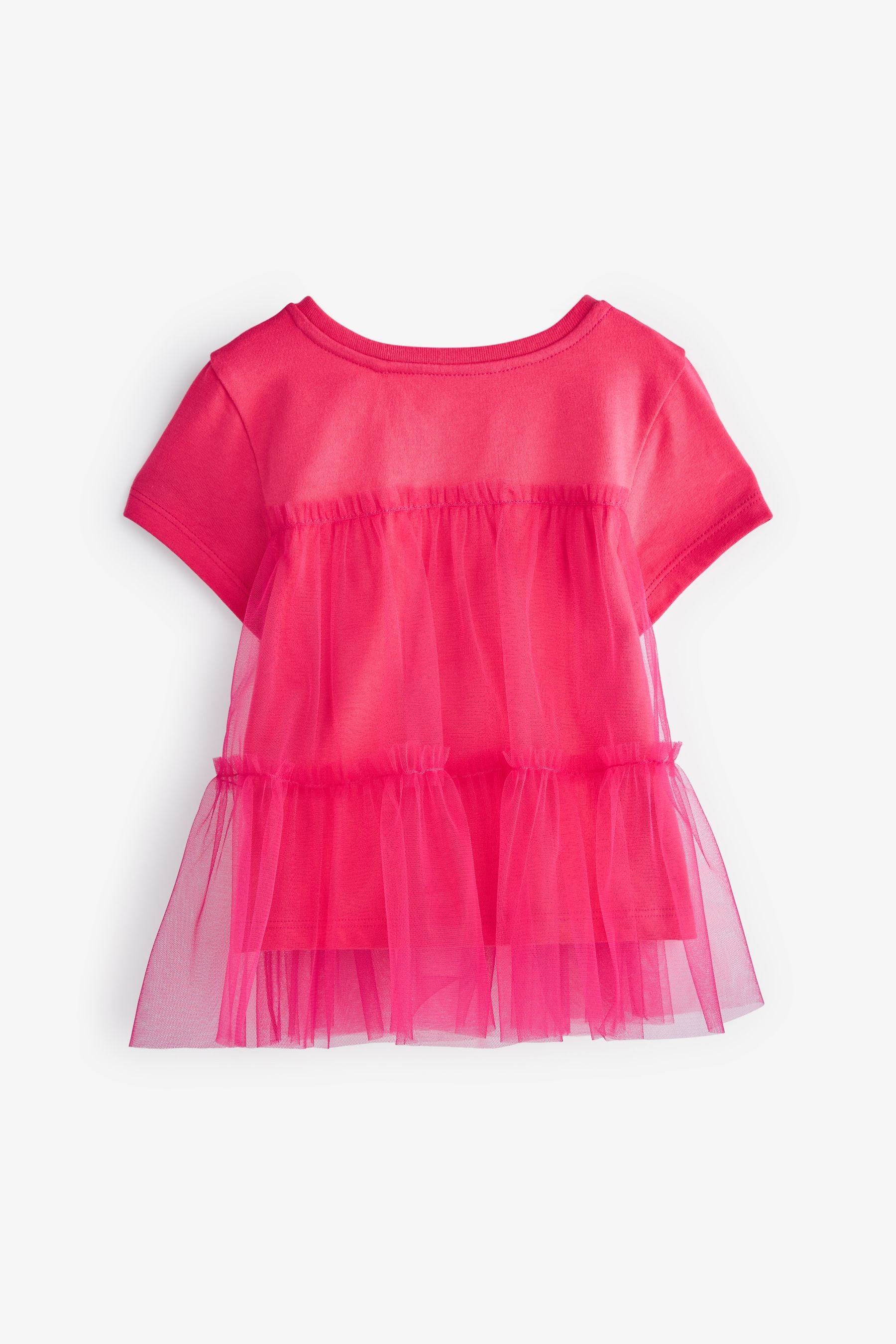 Bright Pink Short Sleeve Mesh Detail Party Top (3mths-7yrs)