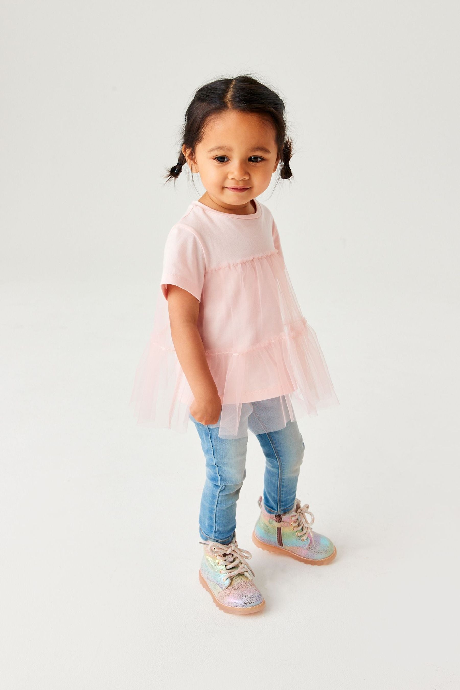 Pale Pink Short Sleeve Mesh Detail Party Top (3mths-7yrs)