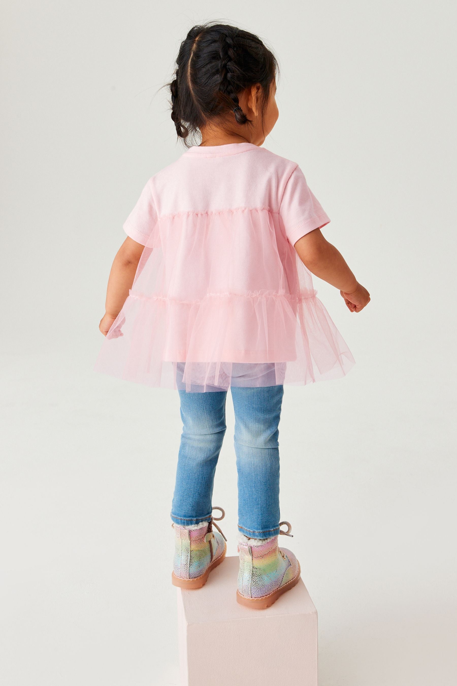 Pale Pink Short Sleeve Mesh Detail Party Top (3mths-7yrs)