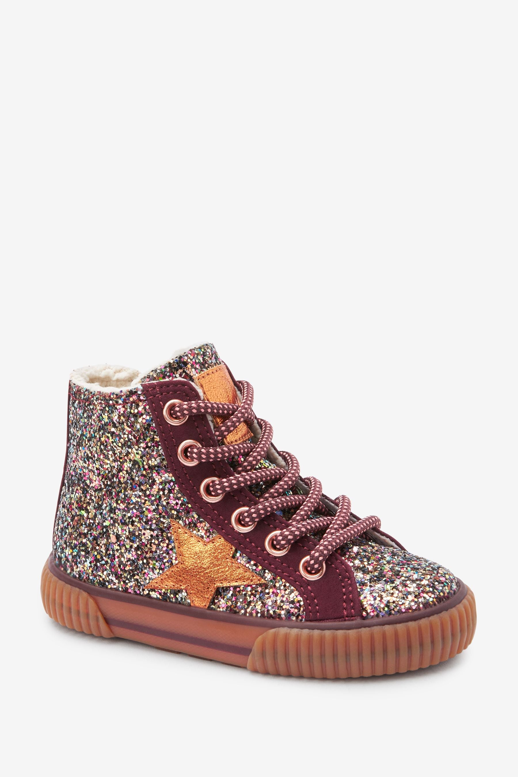 Red Glitter Star High Top Lace-Up Boots