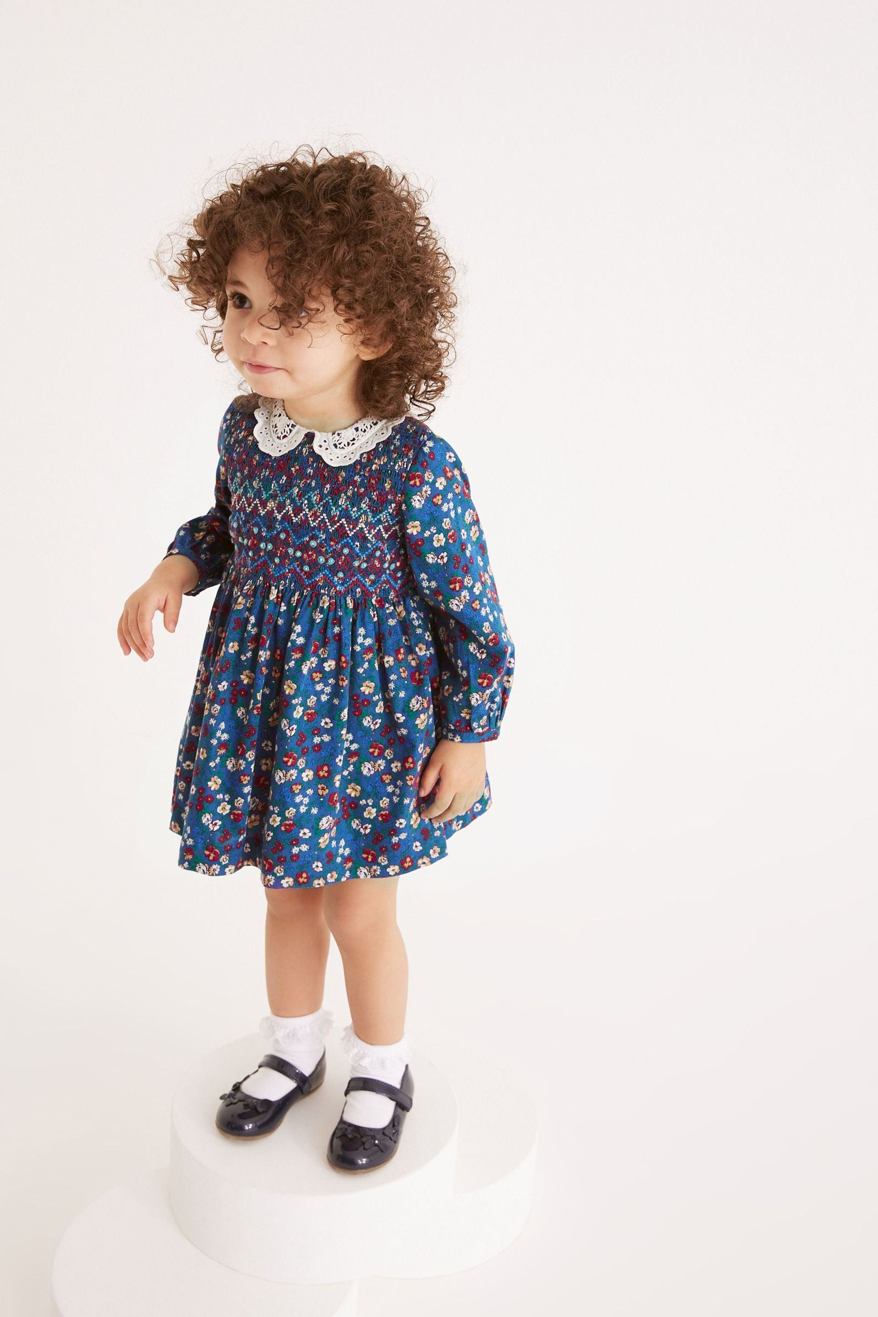 Navy Blue Floral Printed Shirred Collar Dress (3mths-8yrs)