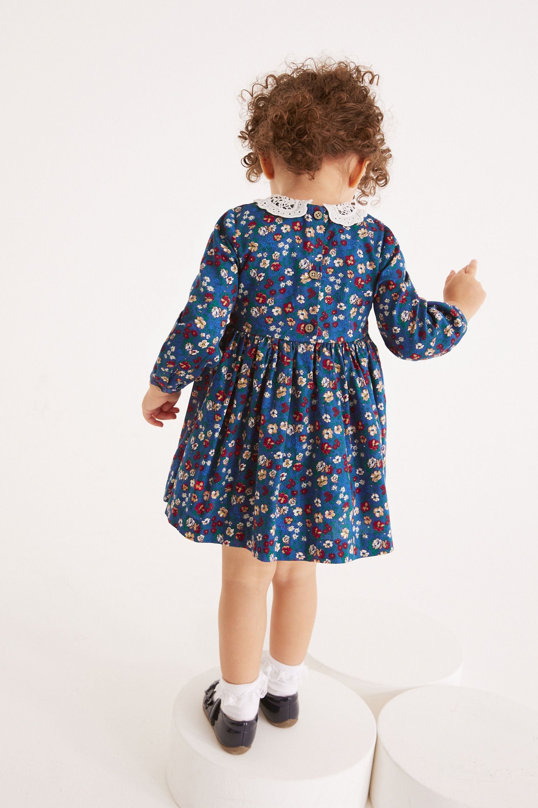 Navy Blue Floral Printed Shirred Collar Dress (3mths-8yrs)