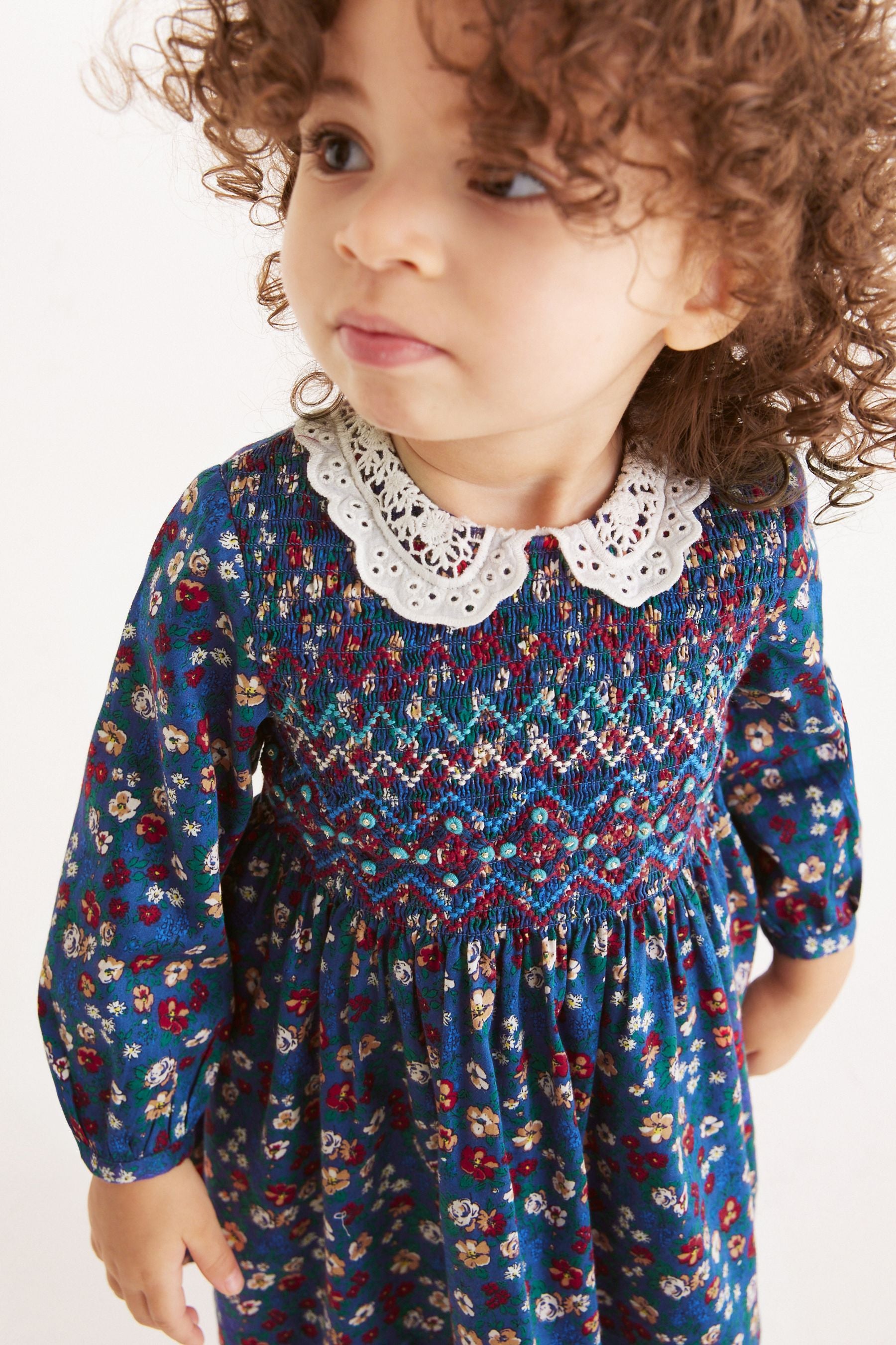 Navy Blue Floral Printed Shirred Collar Dress (3mths-8yrs)