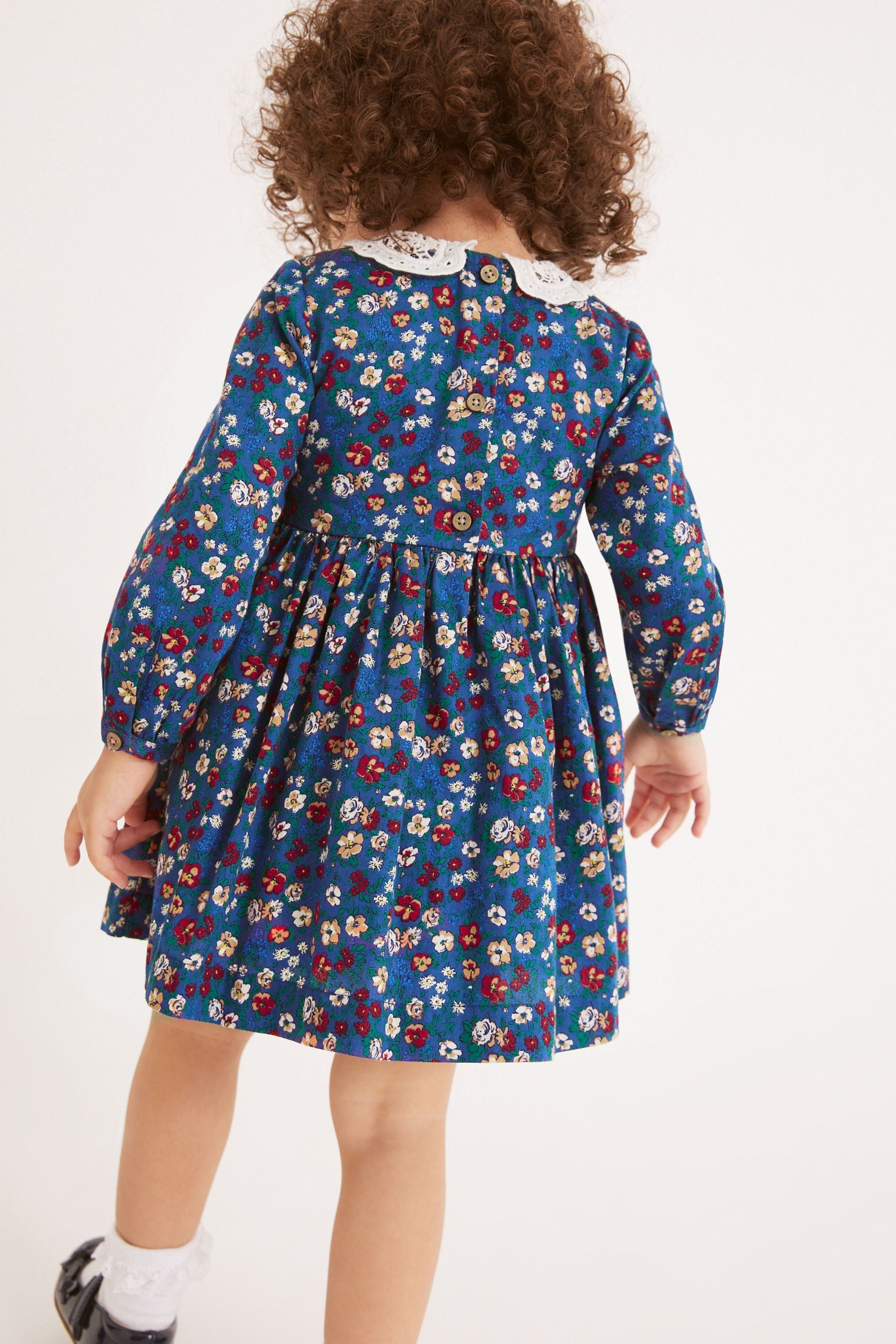 Navy Blue Floral Printed Shirred Collar Dress (3mths-8yrs)