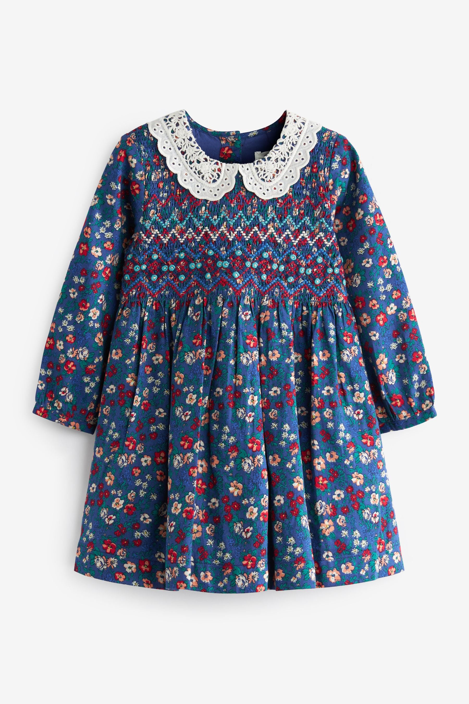 Navy Blue Floral Printed Shirred Collar Dress (3mths-8yrs)