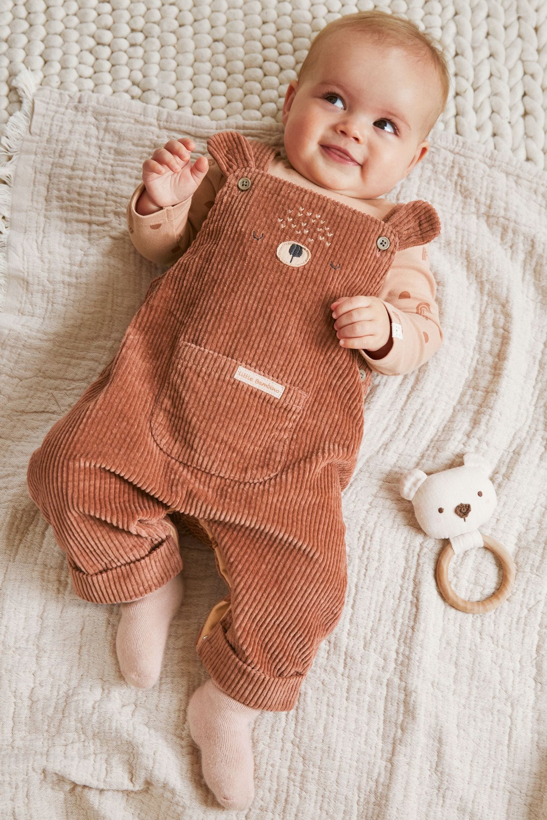 Rust Brown Cord Bear Face Baby Dungarees And Bodysuit Set (0mths-2yrs)