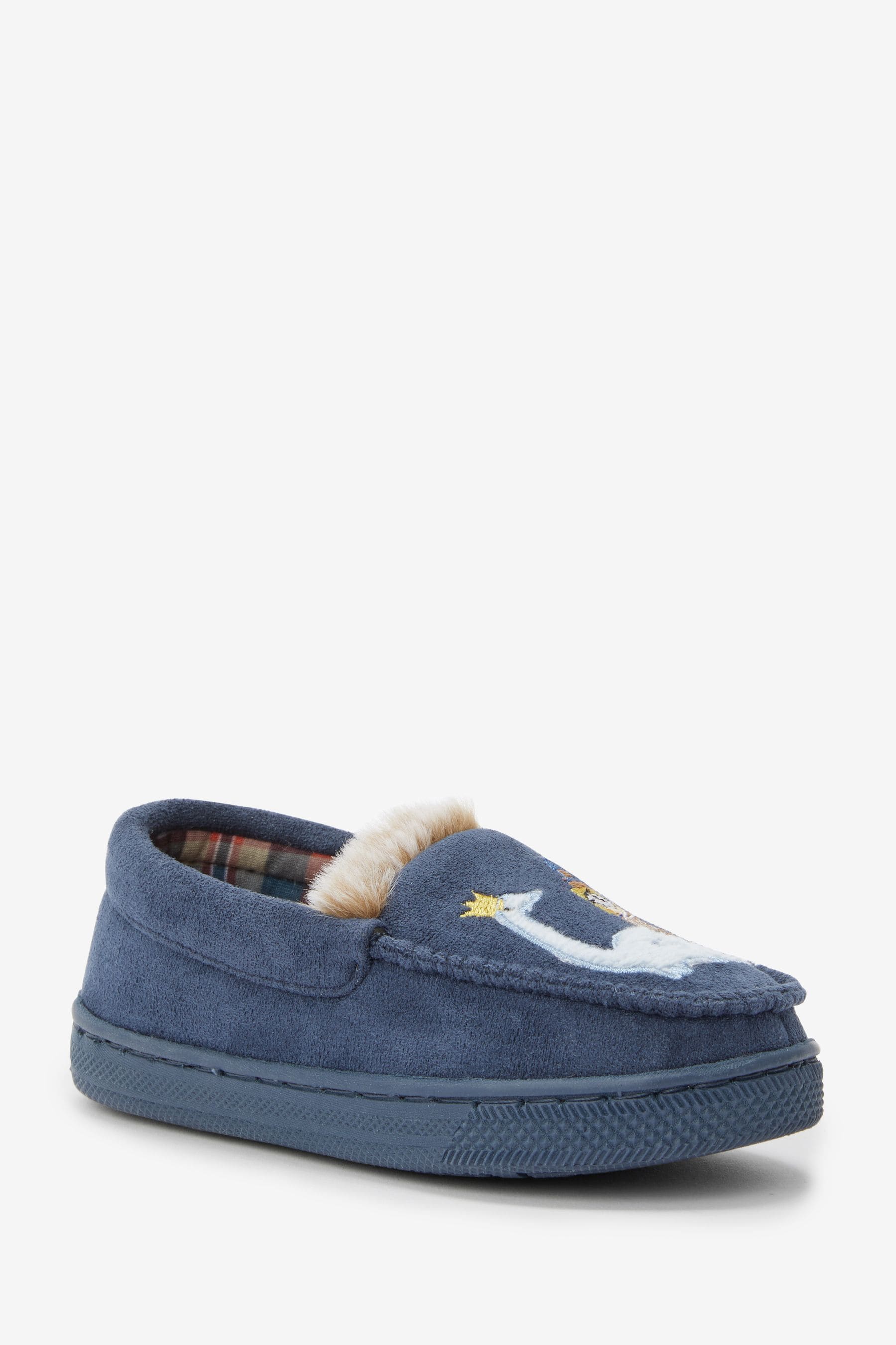 Navy Blue Warm Lined Moccasin Slippers