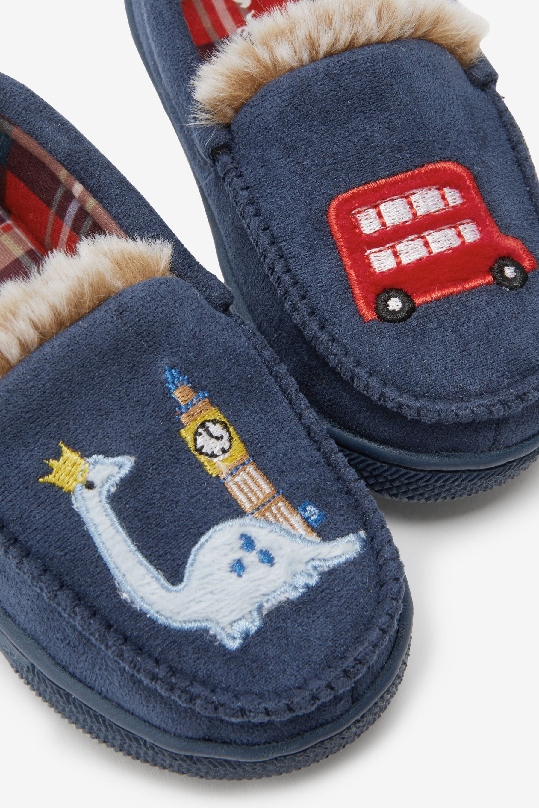 Navy Blue Warm Lined Moccasin Slippers