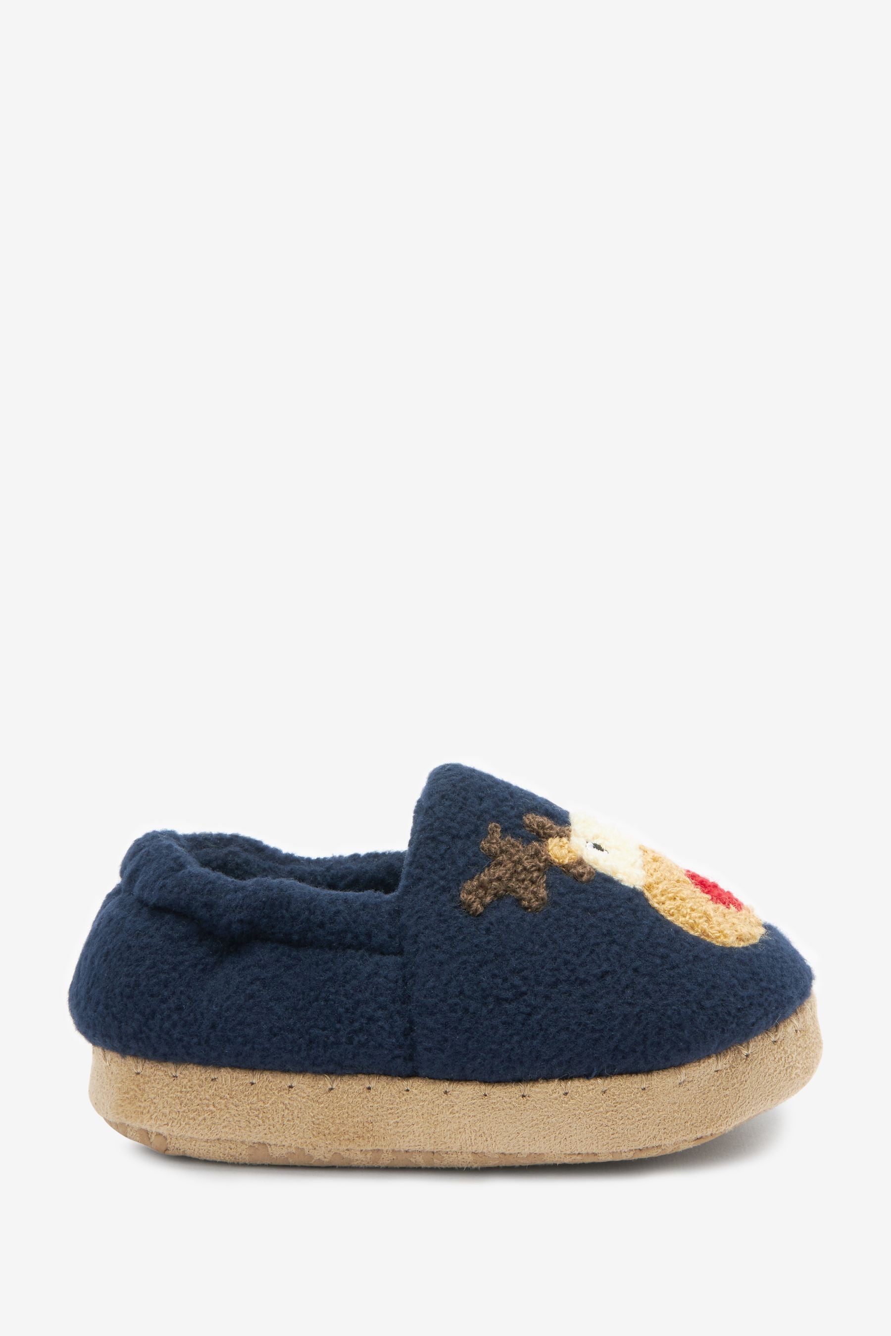 Navy Blue Warm Lined Boucle Christmas Reindeer Slippers