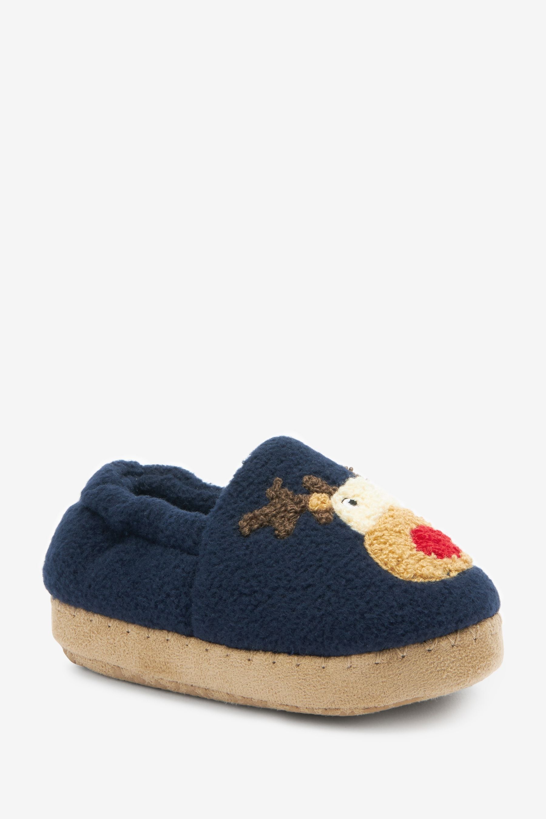 Navy Blue Warm Lined Boucle Christmas Reindeer Slippers