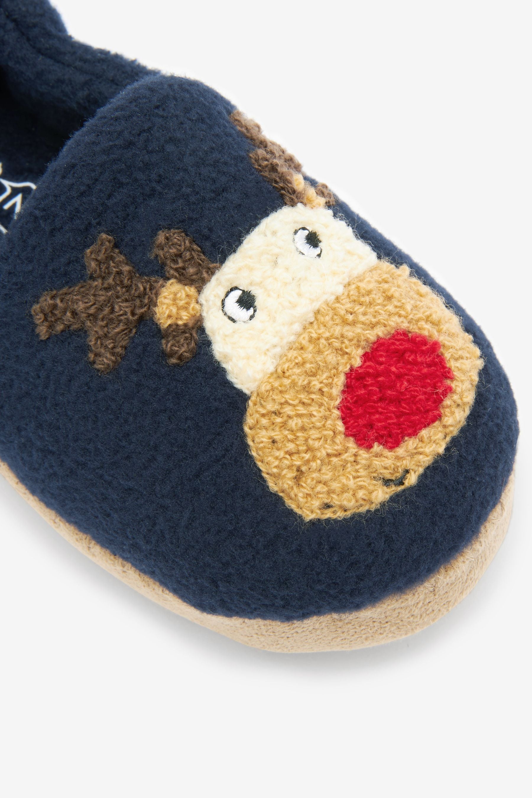 Navy Blue Warm Lined Boucle Christmas Reindeer Slippers