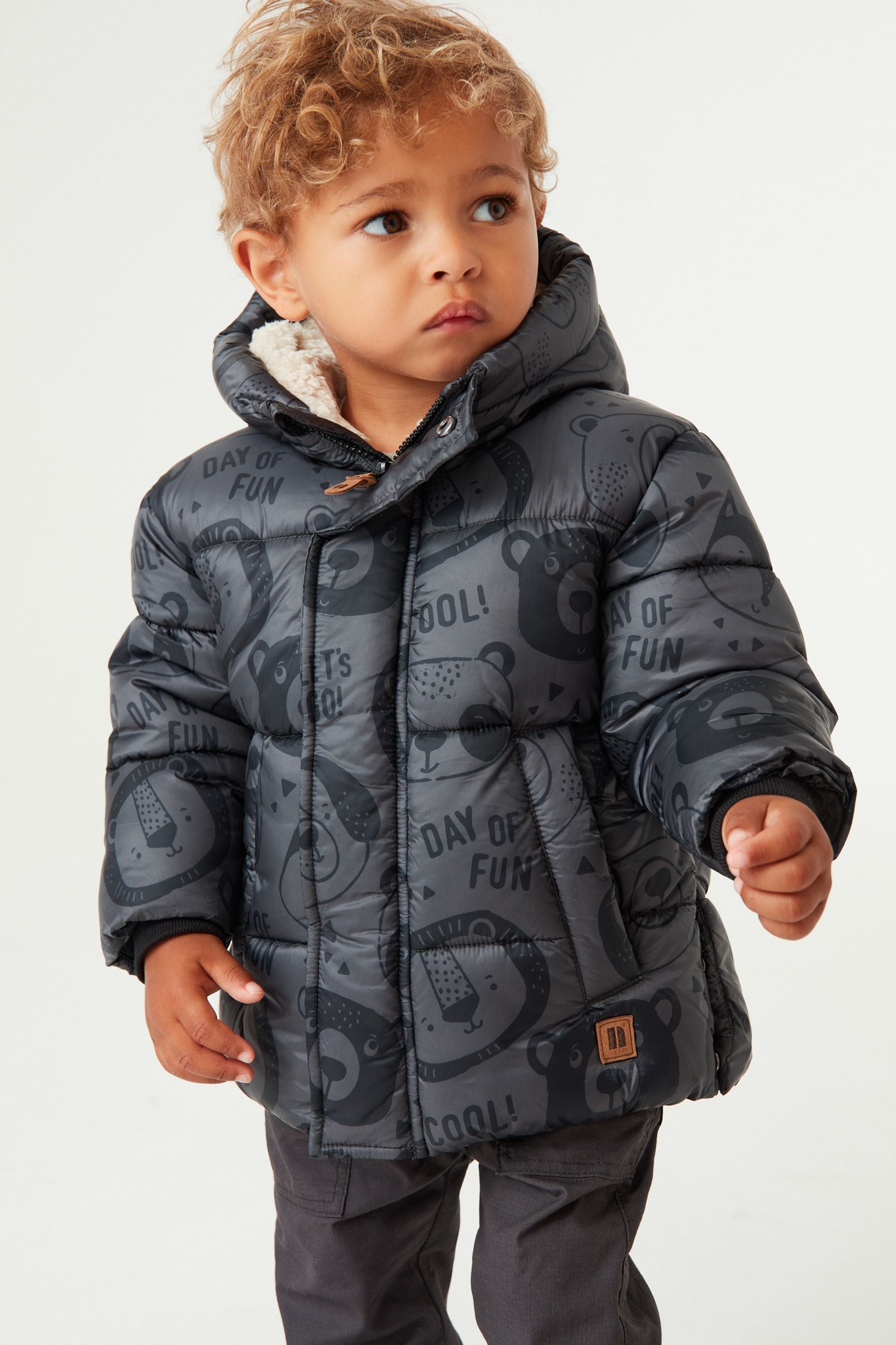 Grey Bear Print Longline Padded Coat (3mths-7yrs)