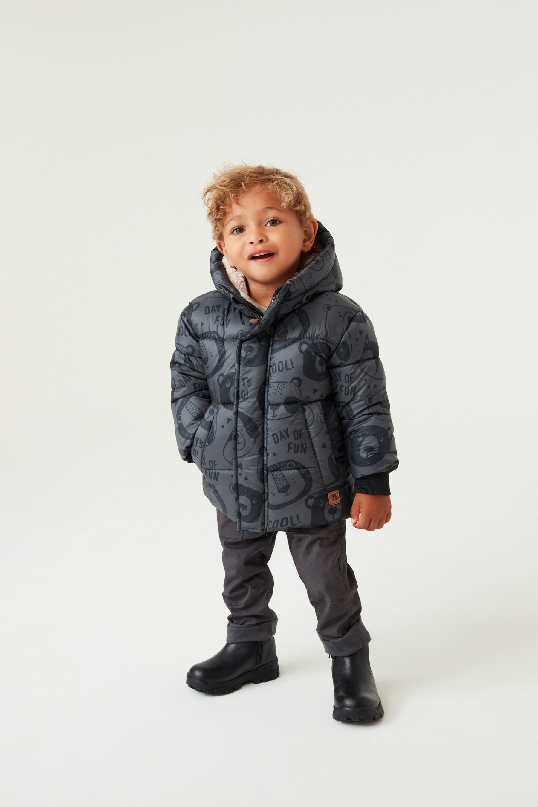 Grey Bear Print Longline Padded Coat (3mths-7yrs)