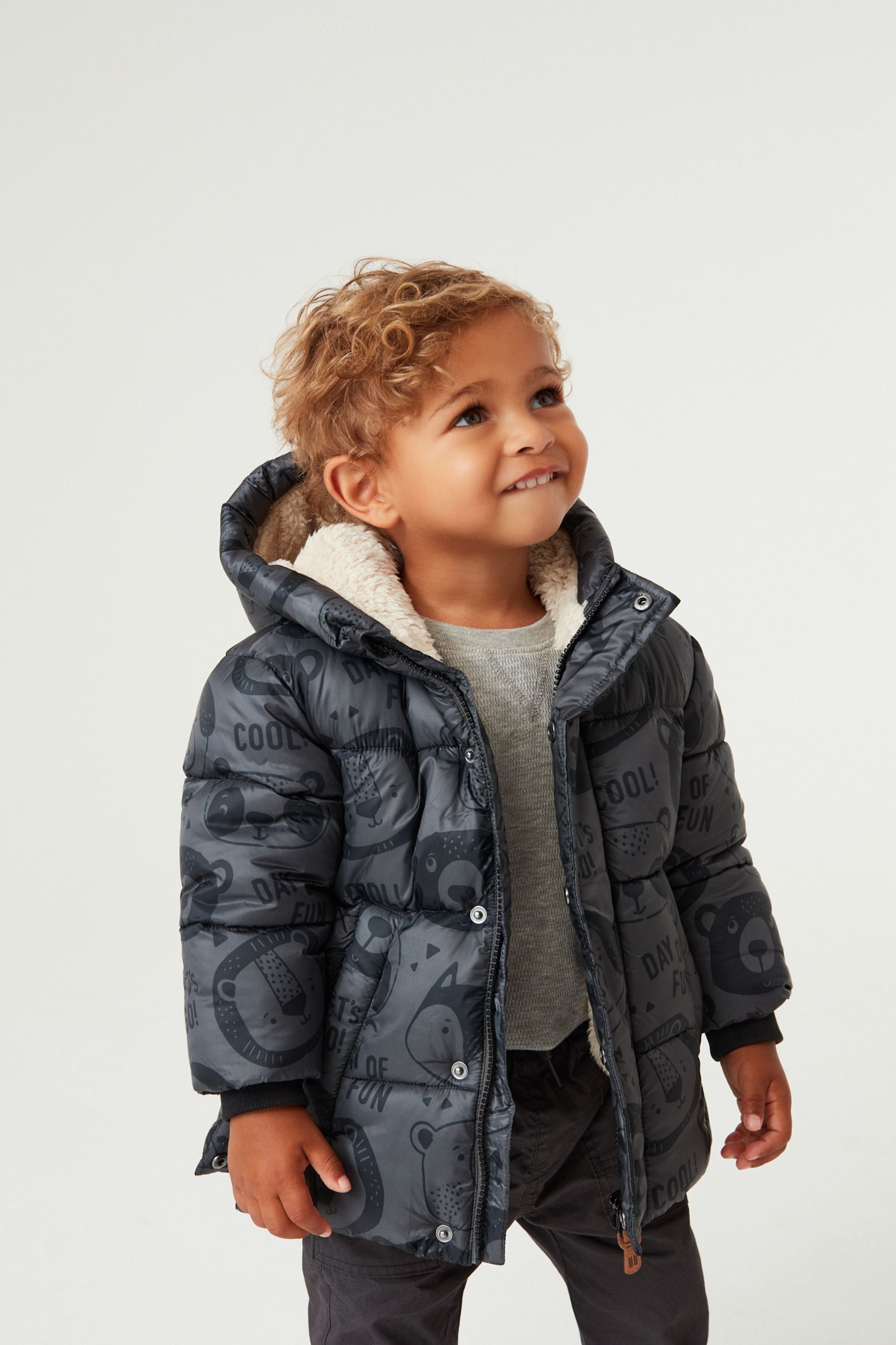 Grey Bear Print Longline Padded Coat (3mths-7yrs)