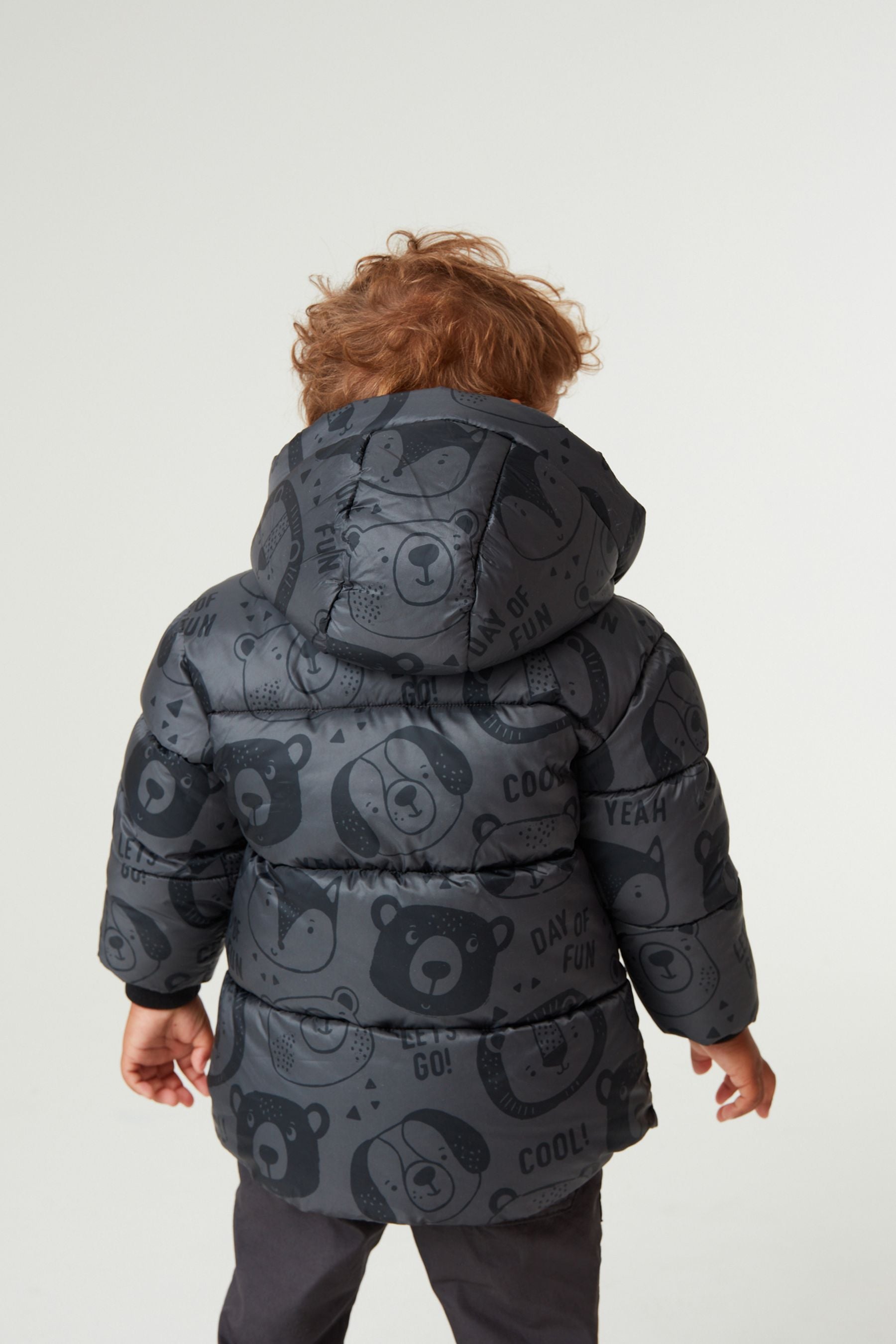 Grey Bear Print Longline Padded Coat (3mths-7yrs)