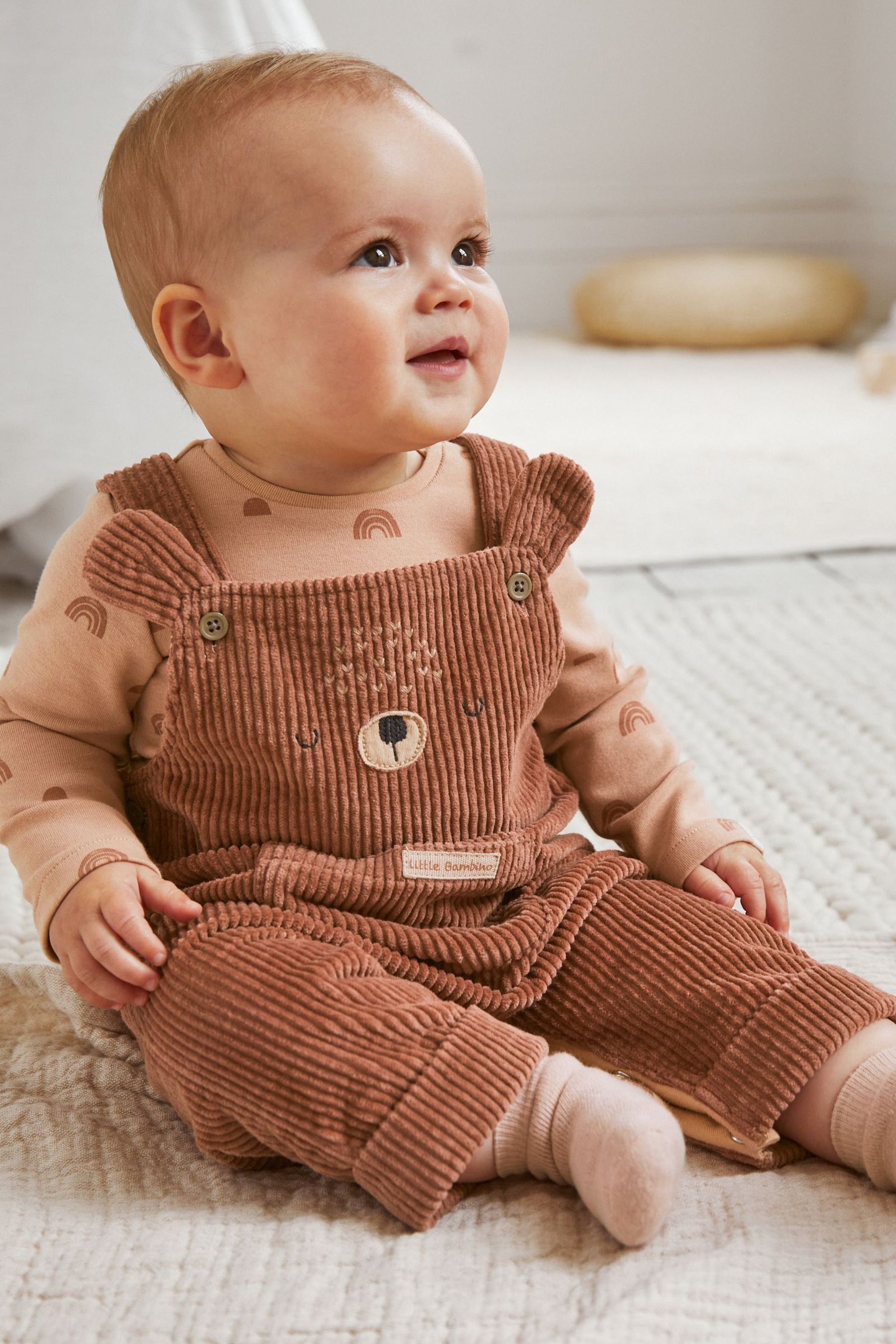 Rust Brown Cord Bear Face Baby Dungarees And Bodysuit Set (0mths-2yrs)