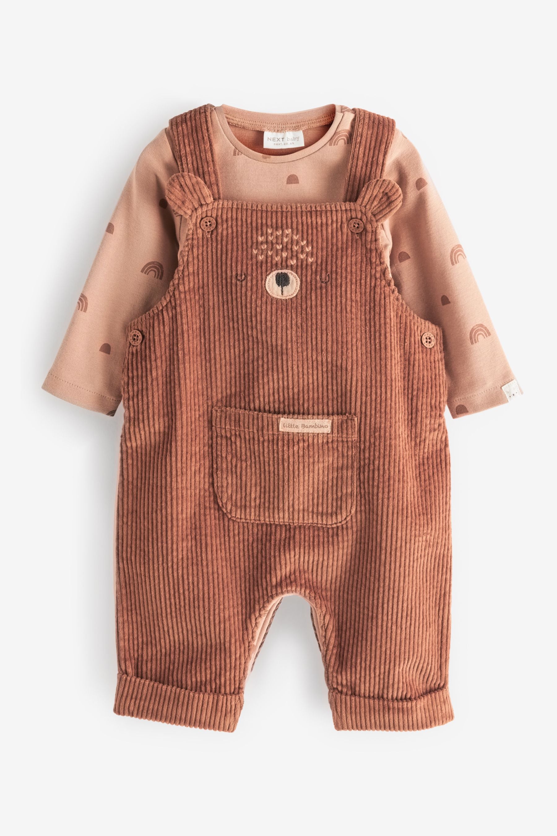 Rust Brown Cord Bear Face Baby Dungarees And Bodysuit Set (0mths-2yrs)