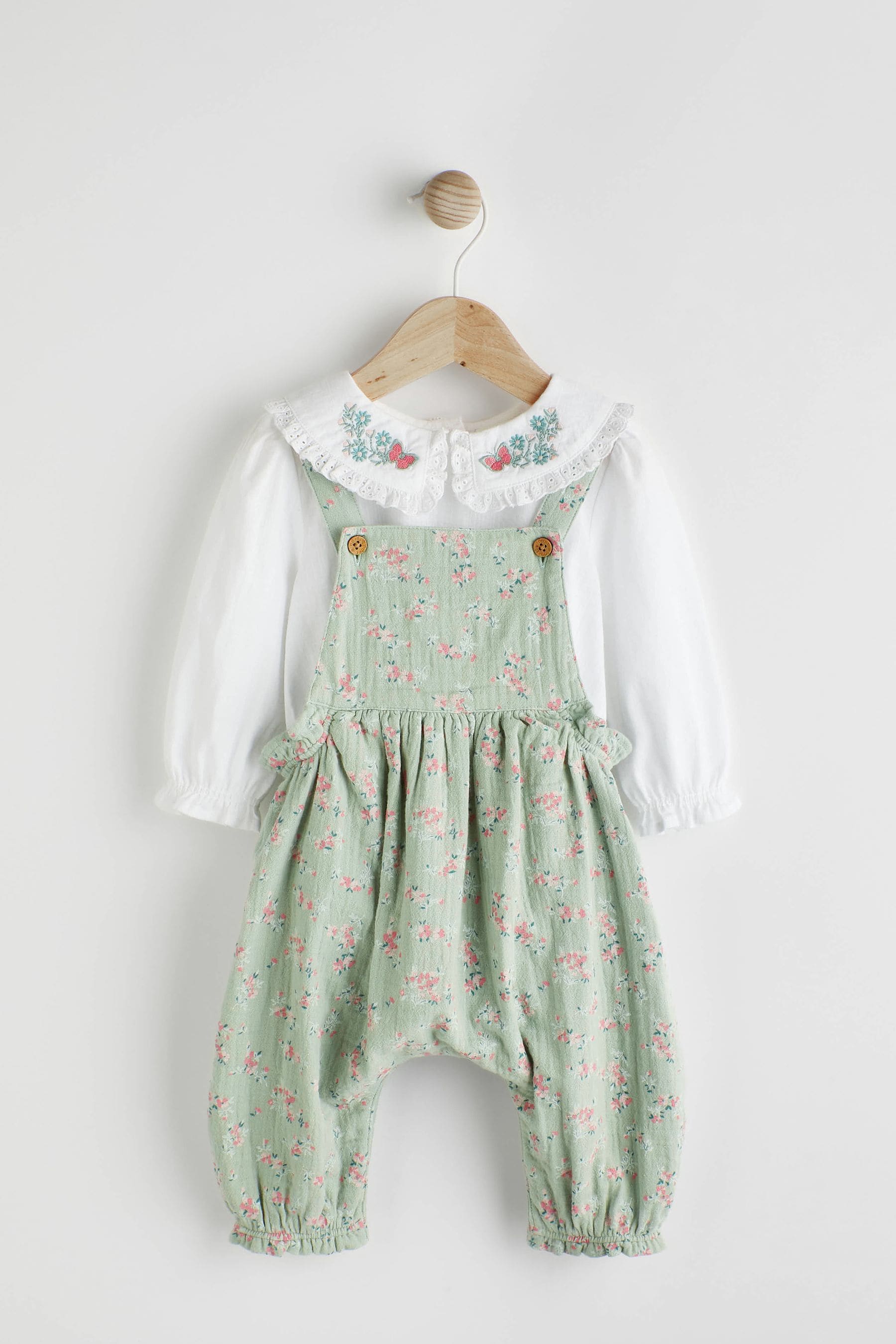 Mint Green Baby Woven Dungarees and Bodysuit Set (0mths-2yrs)