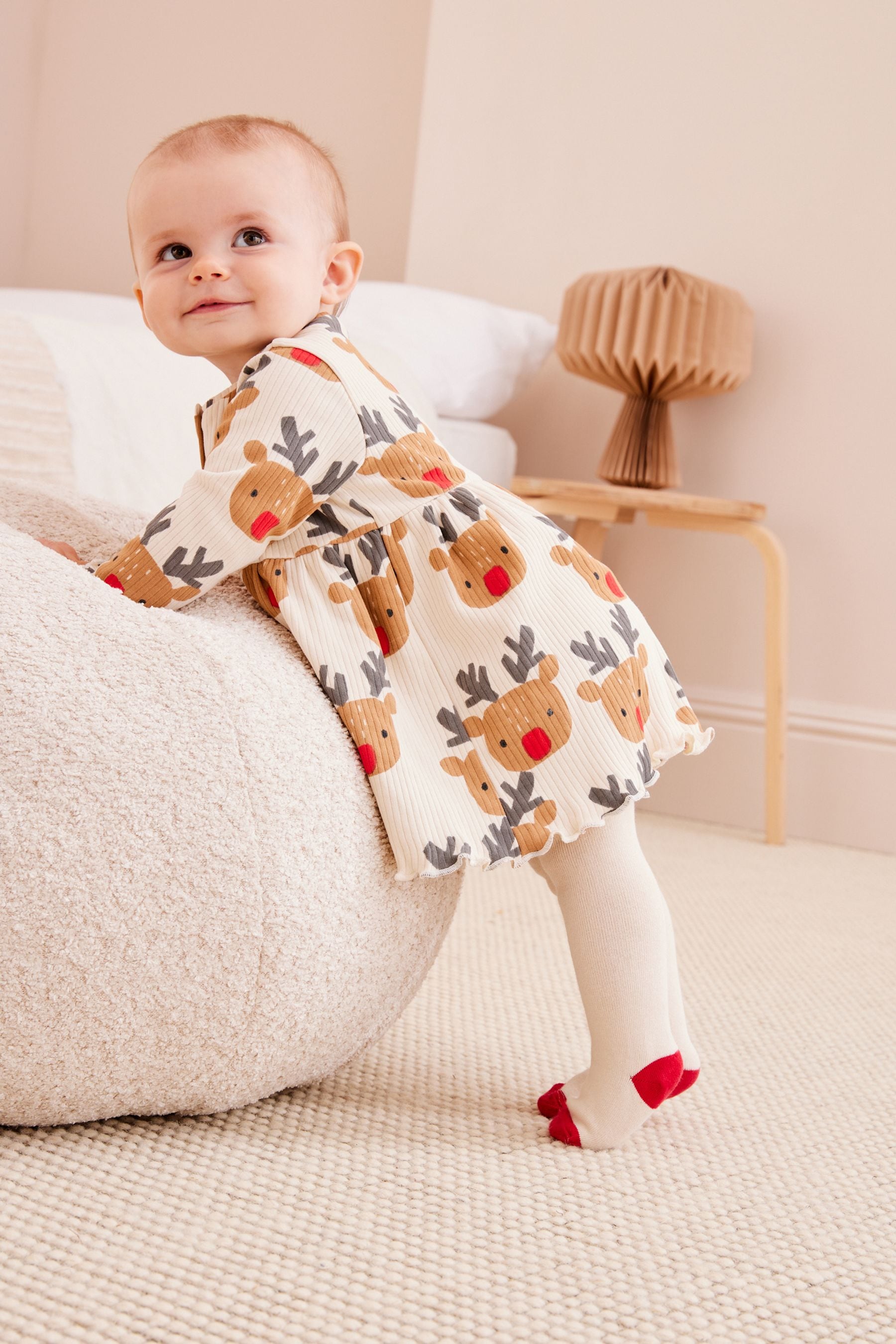 Red/Cream Reindeer Baby Christmas Dress (0mths-2yrs)