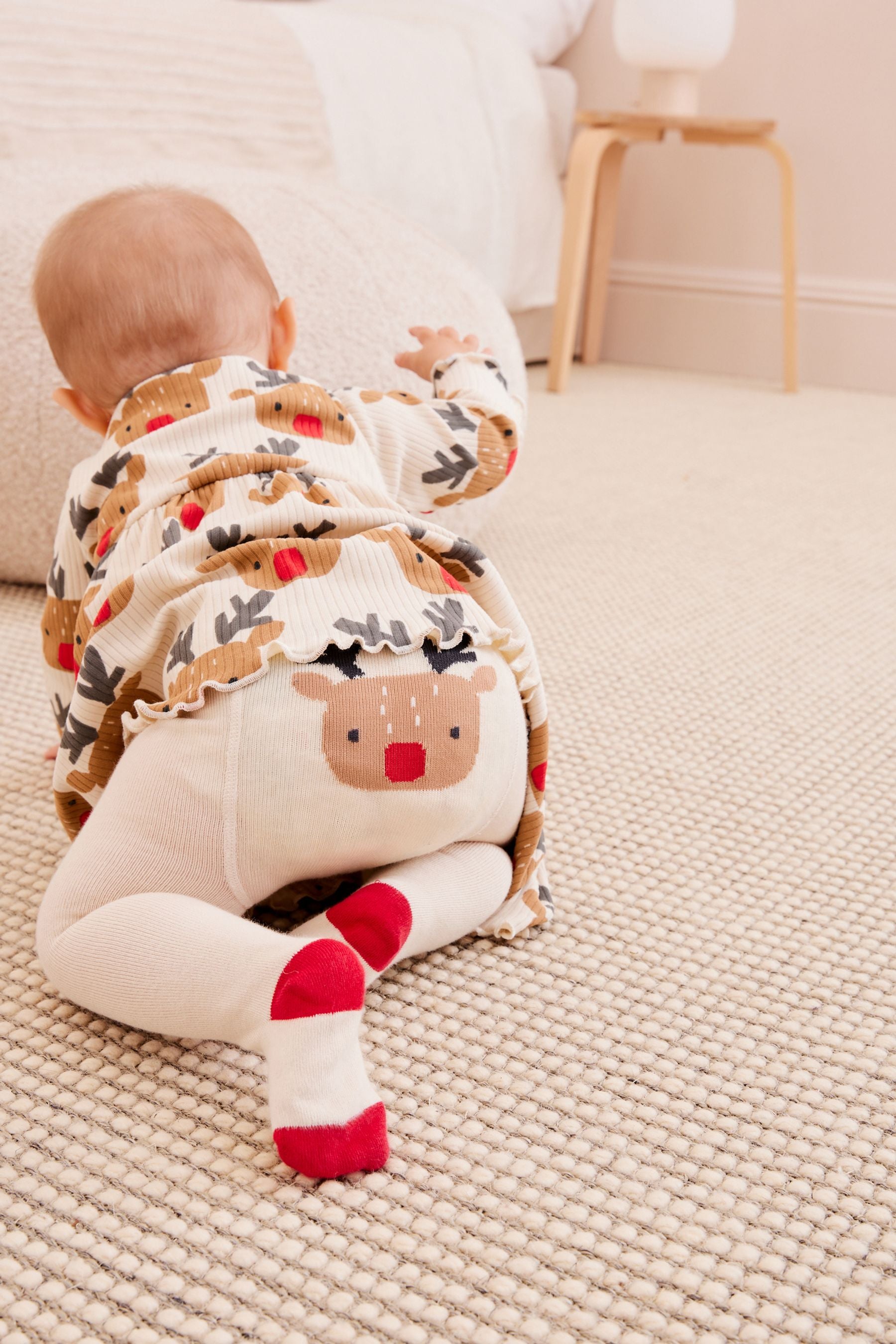 Red/Cream Reindeer Baby Christmas Dress (0mths-2yrs)