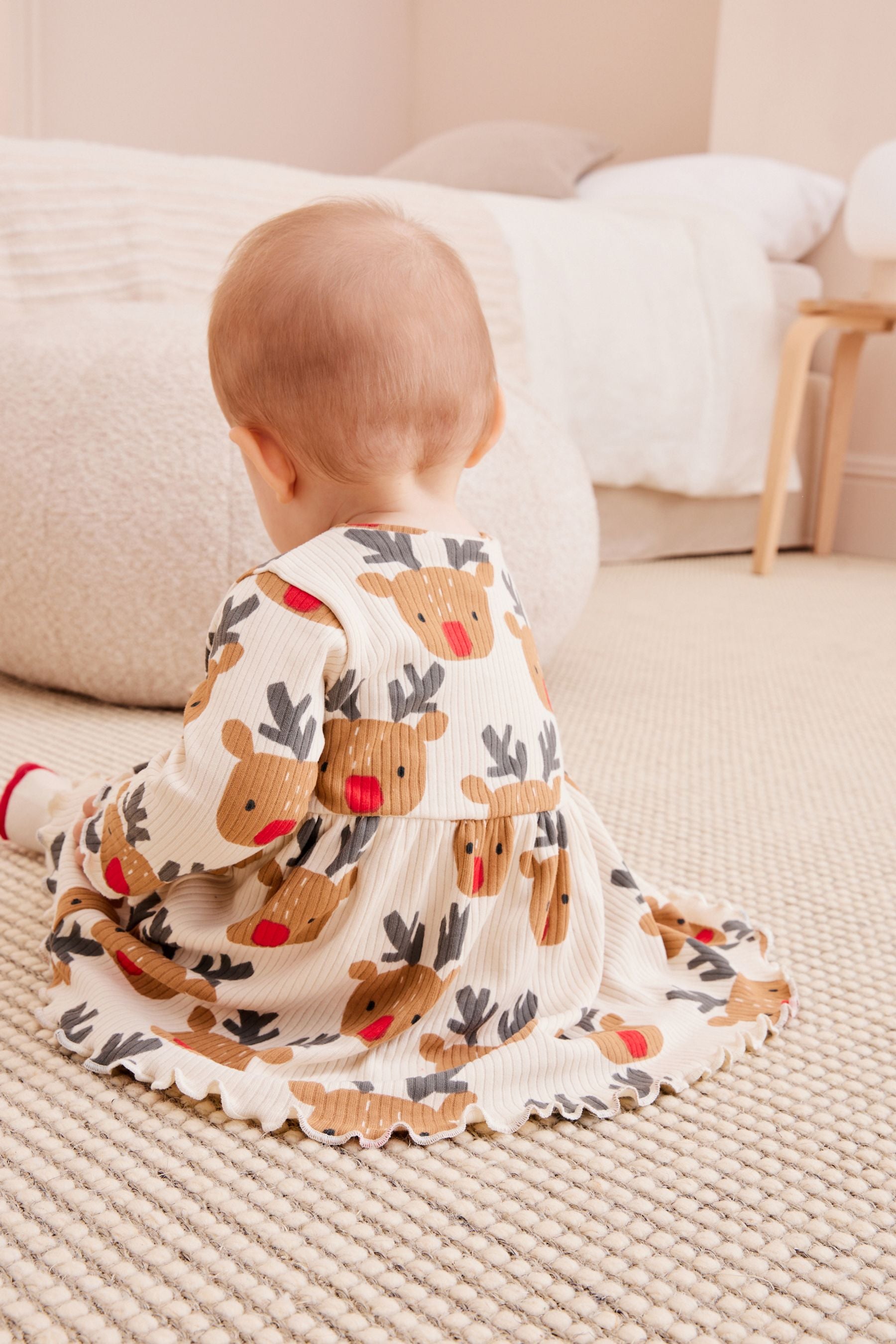 Red/Cream Reindeer Baby Christmas Dress (0mths-2yrs)