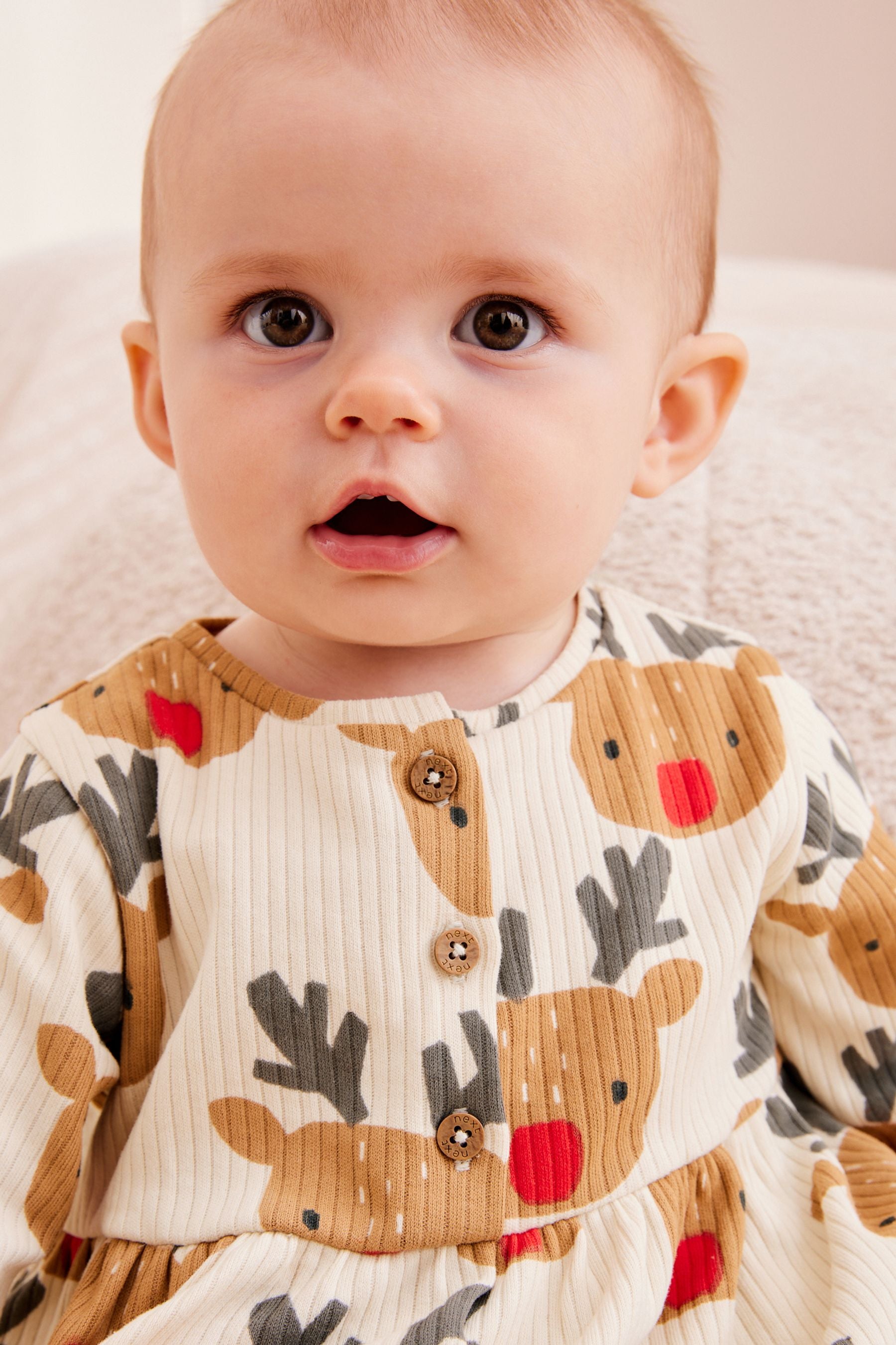 Red/Cream Reindeer Baby Christmas Dress (0mths-2yrs)