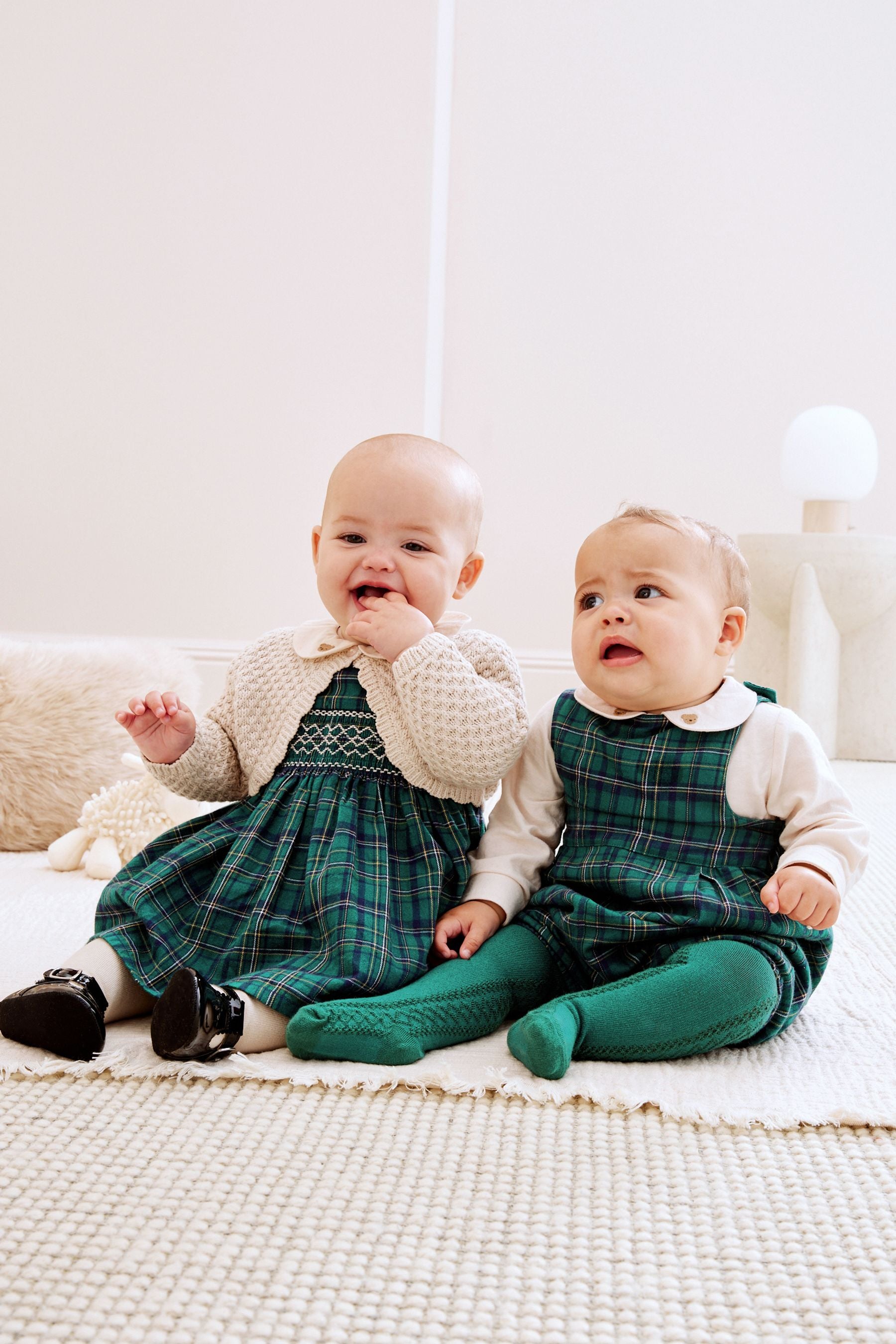 Green Baby Woven Dress And Cardigan Set With Tights (0mths-2yrs)