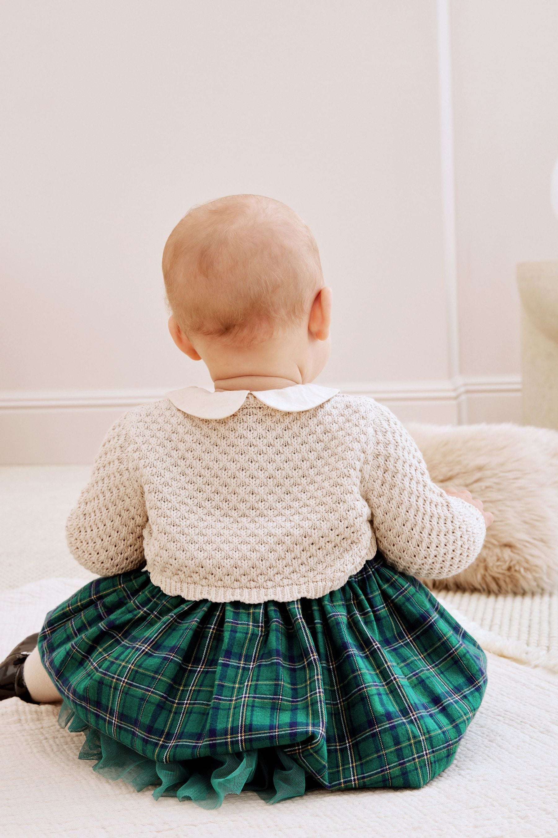 Green Baby Woven Dress And Cardigan Set With Tights (0mths-2yrs)