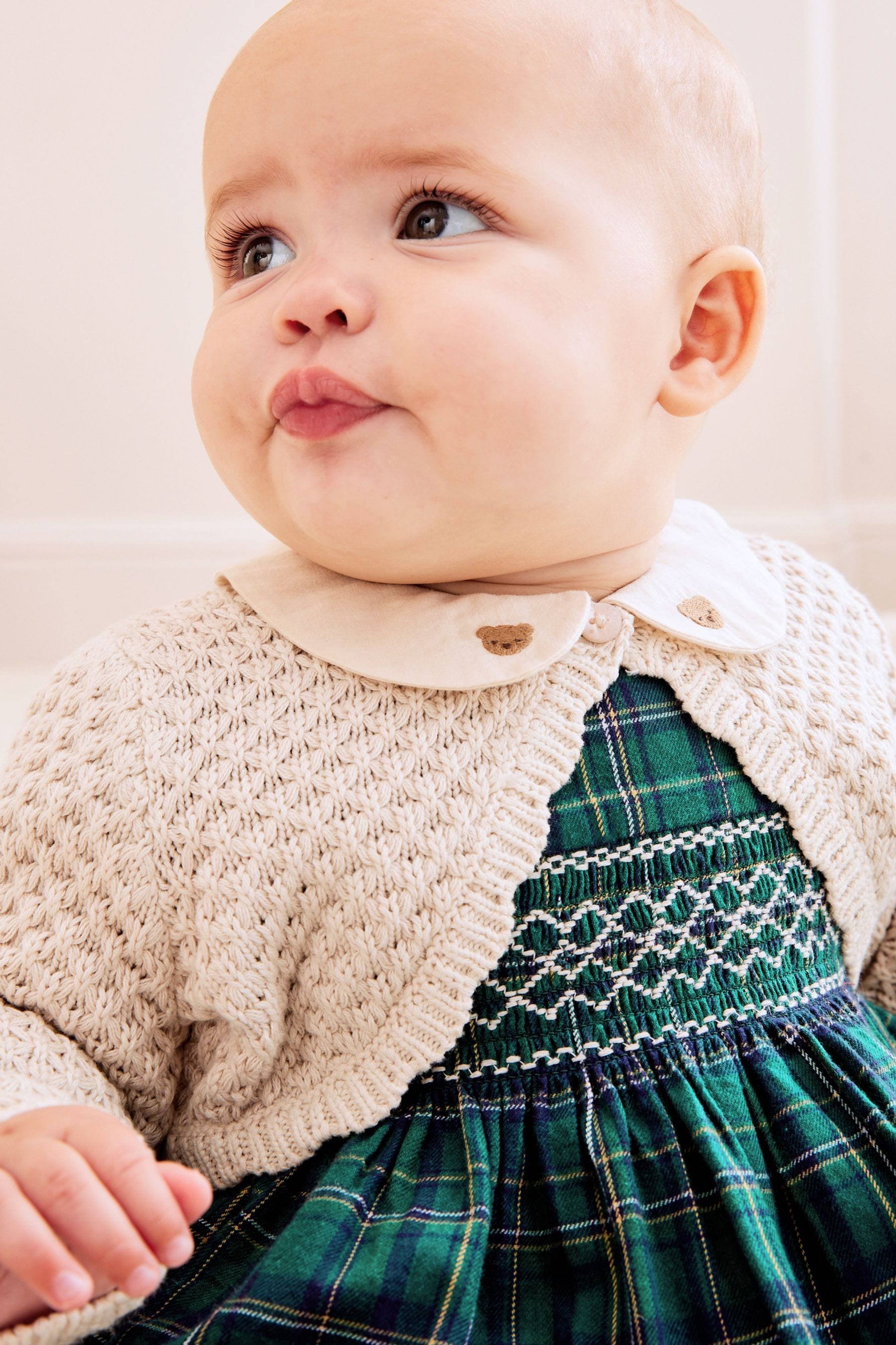 Green Baby Woven Dress And Cardigan Set With Tights (0mths-2yrs)