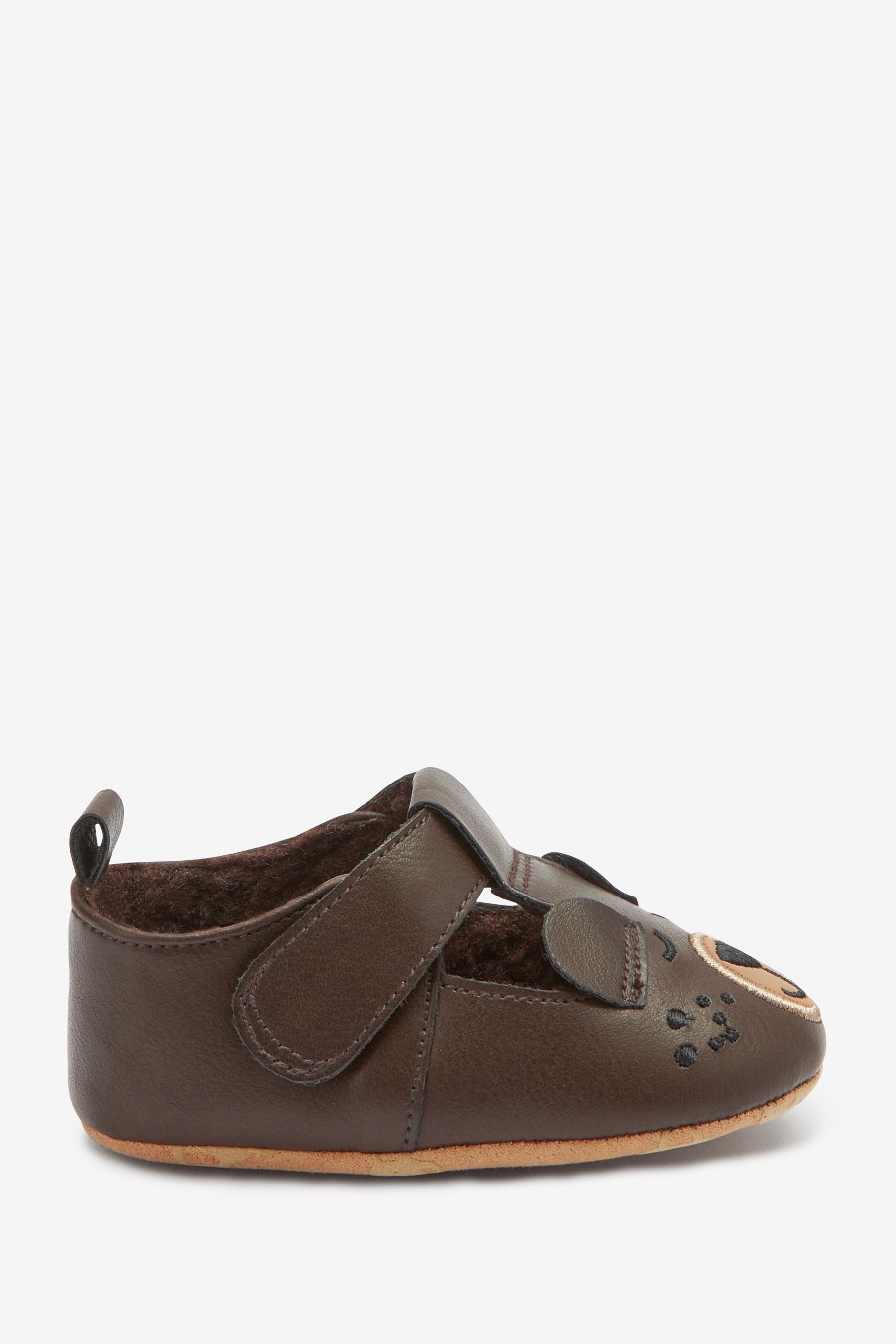 Chocolate Brown Baby Cosy Lined Bear T-Bar Pram Shoes (0-24mths)