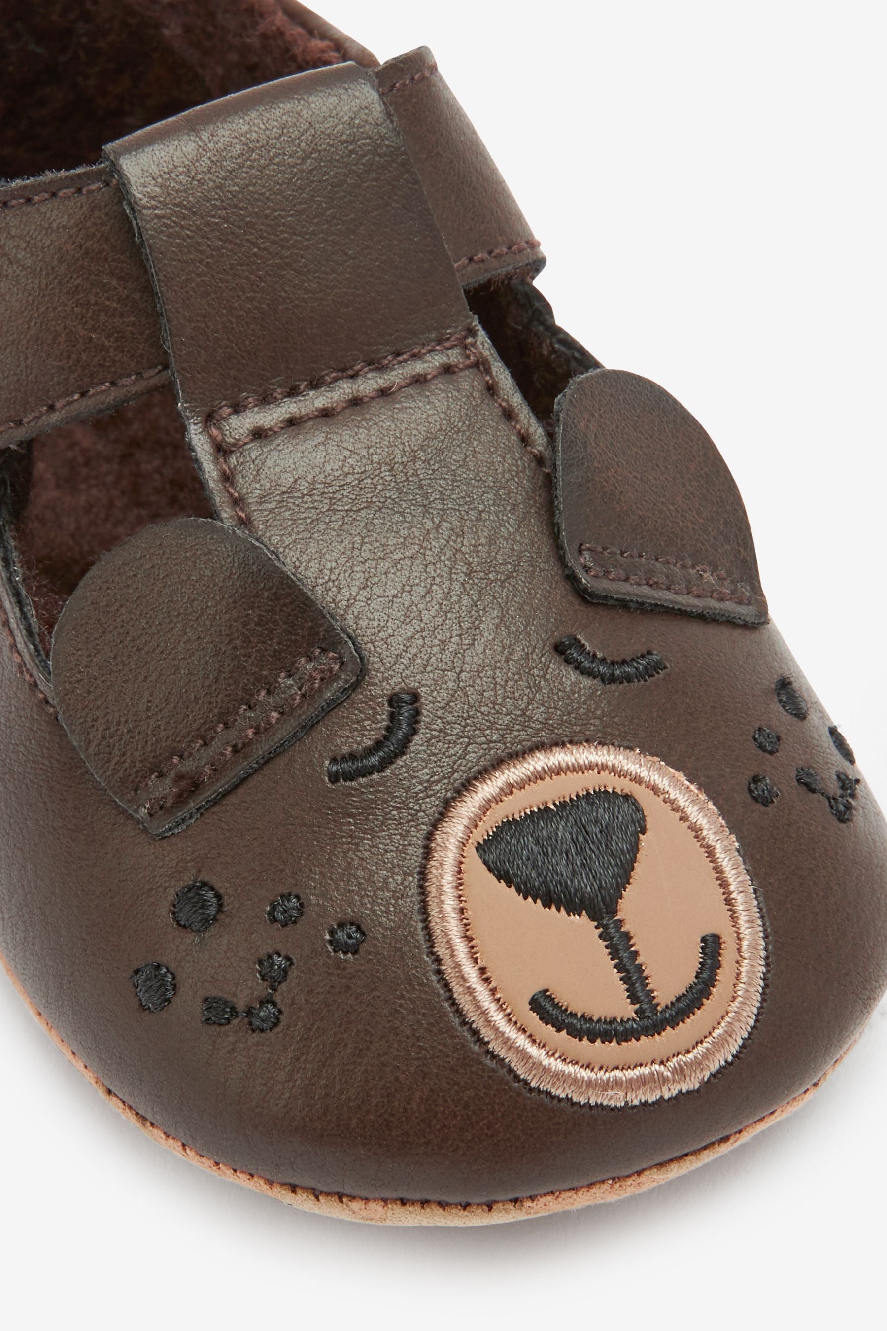 Chocolate Brown Baby Cosy Lined Bear T-Bar Pram Shoes (0-24mths)