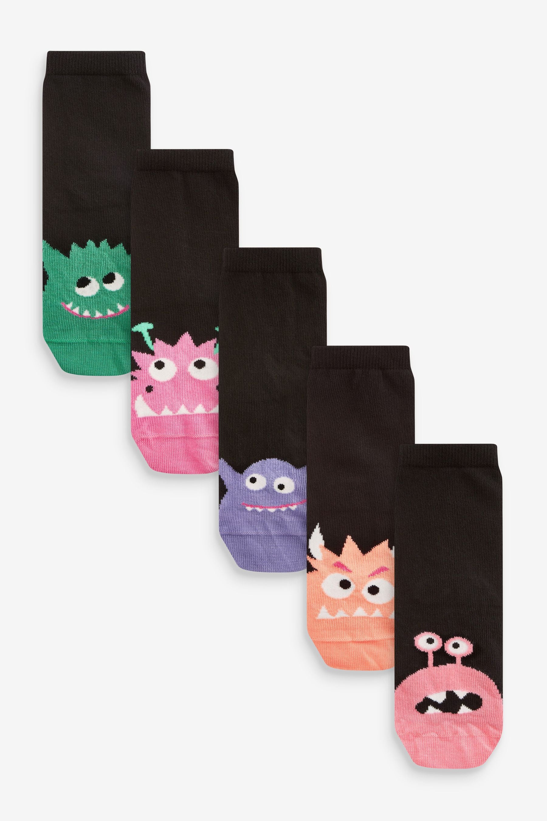 Black Black 5 Pack Cotton Rich Monster Ankle School Socks