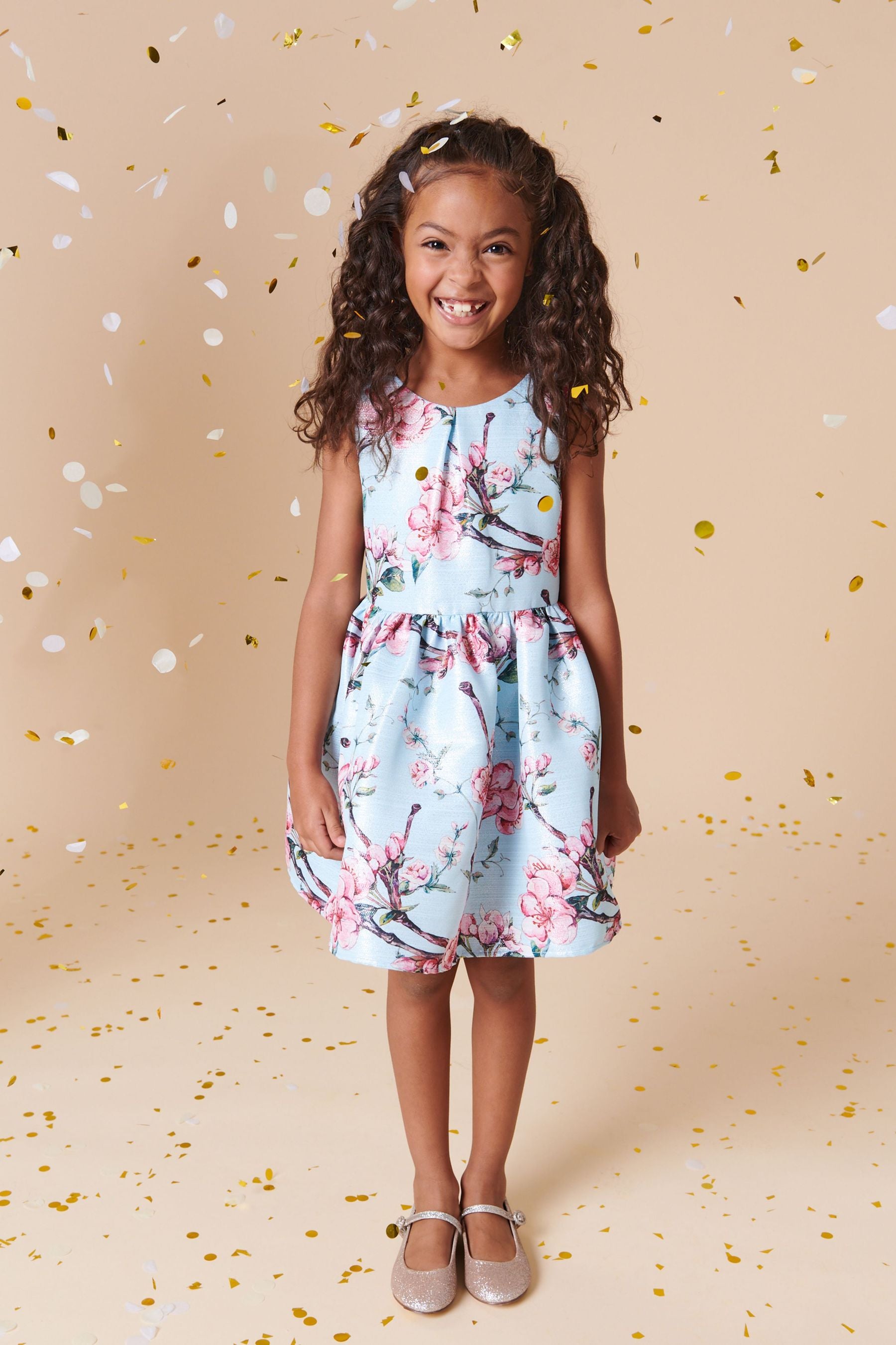 Pale Blue Floral Print Metallic Dress (3-10yrs)