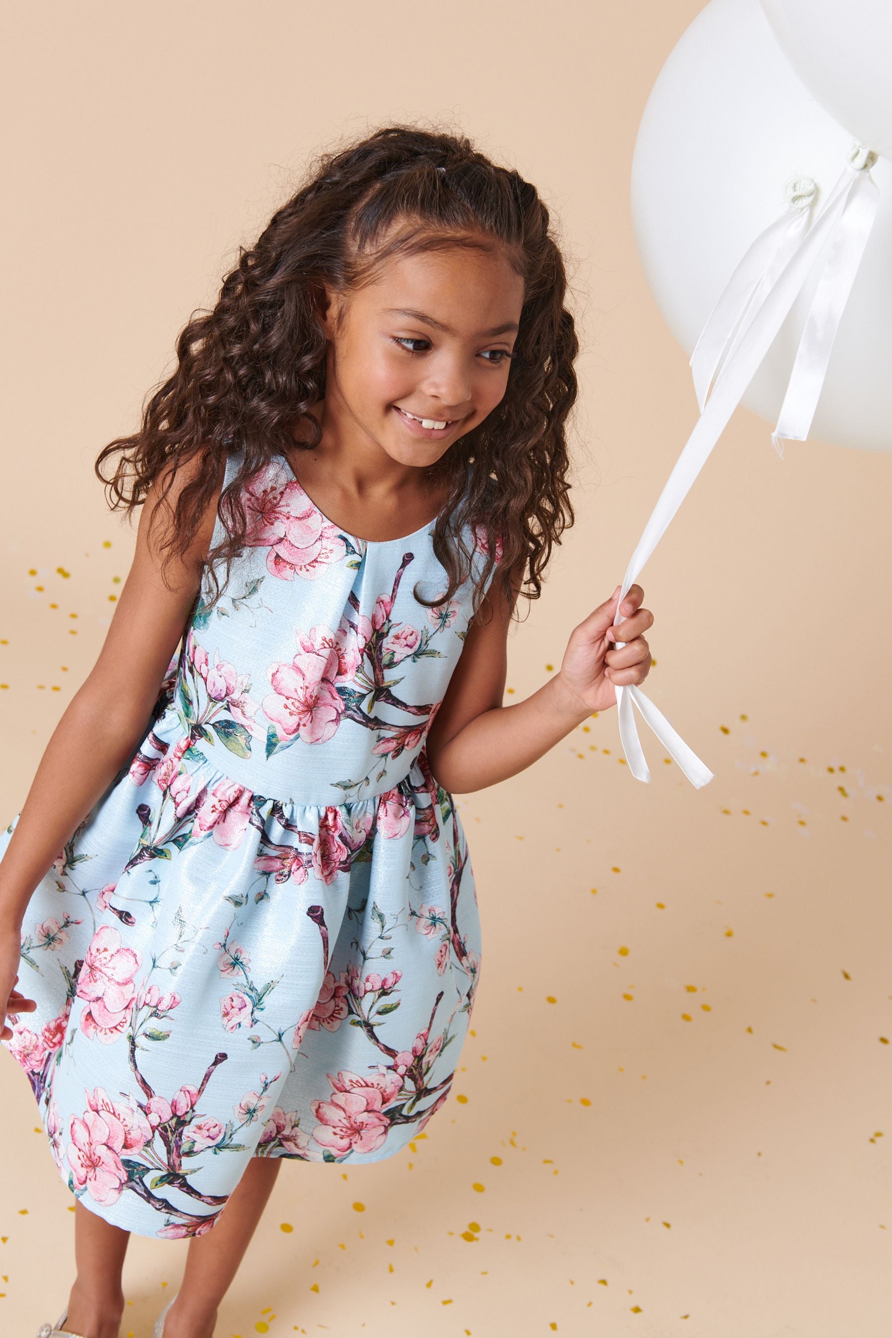 Pale Blue Floral Print Metallic Dress (3-10yrs)