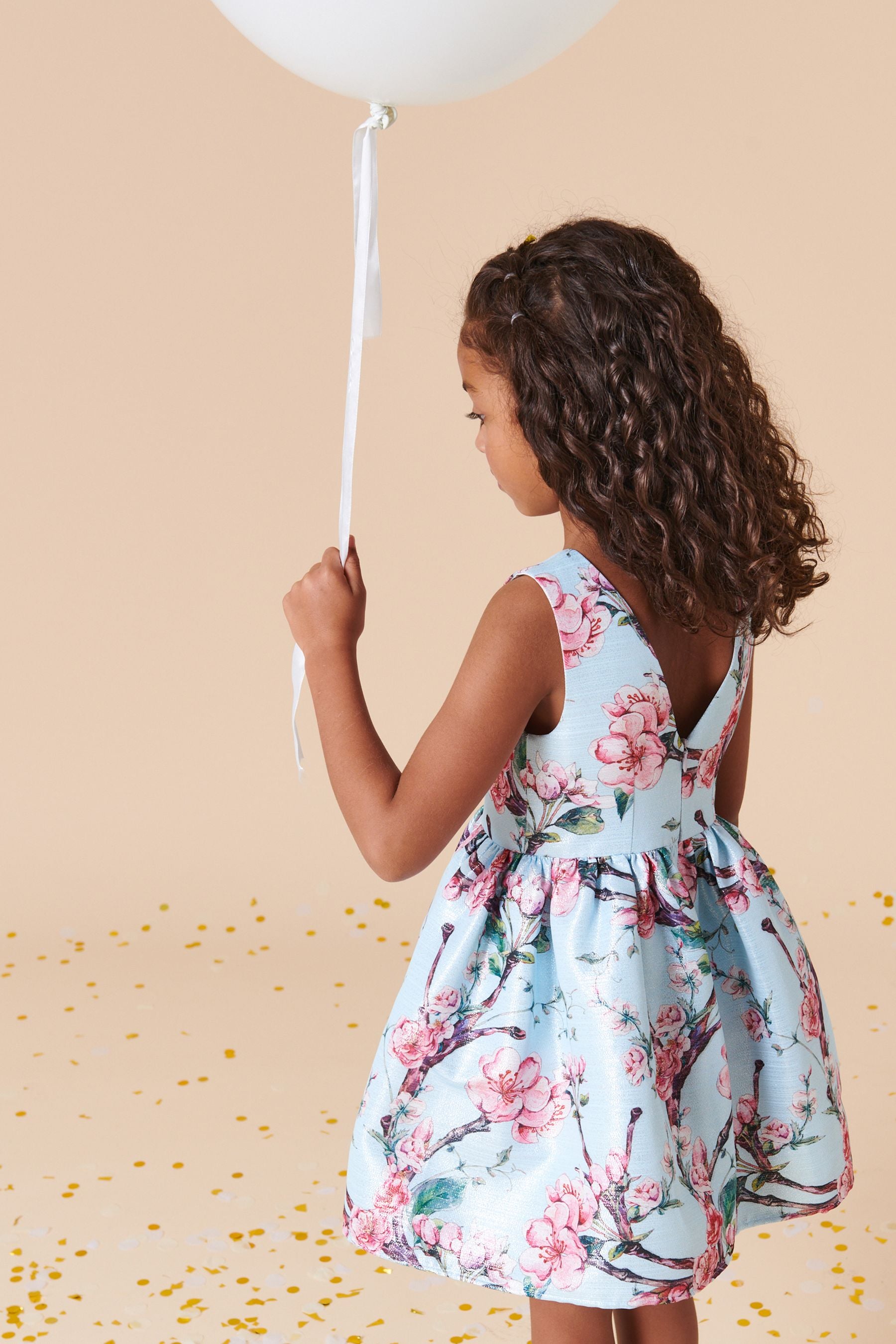 Pale Blue Floral Print Metallic Dress (3-10yrs)