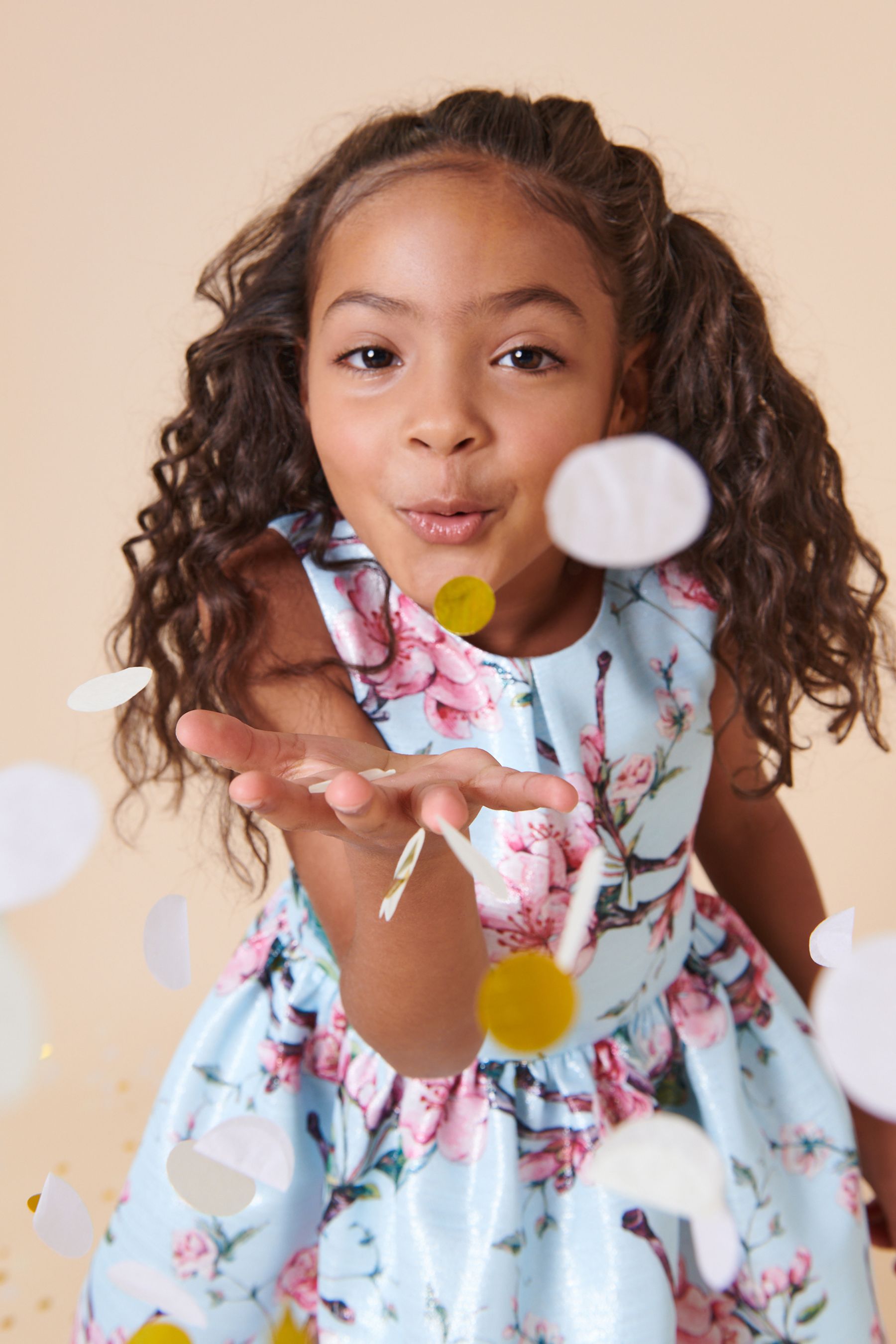 Pale Blue Floral Print Metallic Dress (3-10yrs)