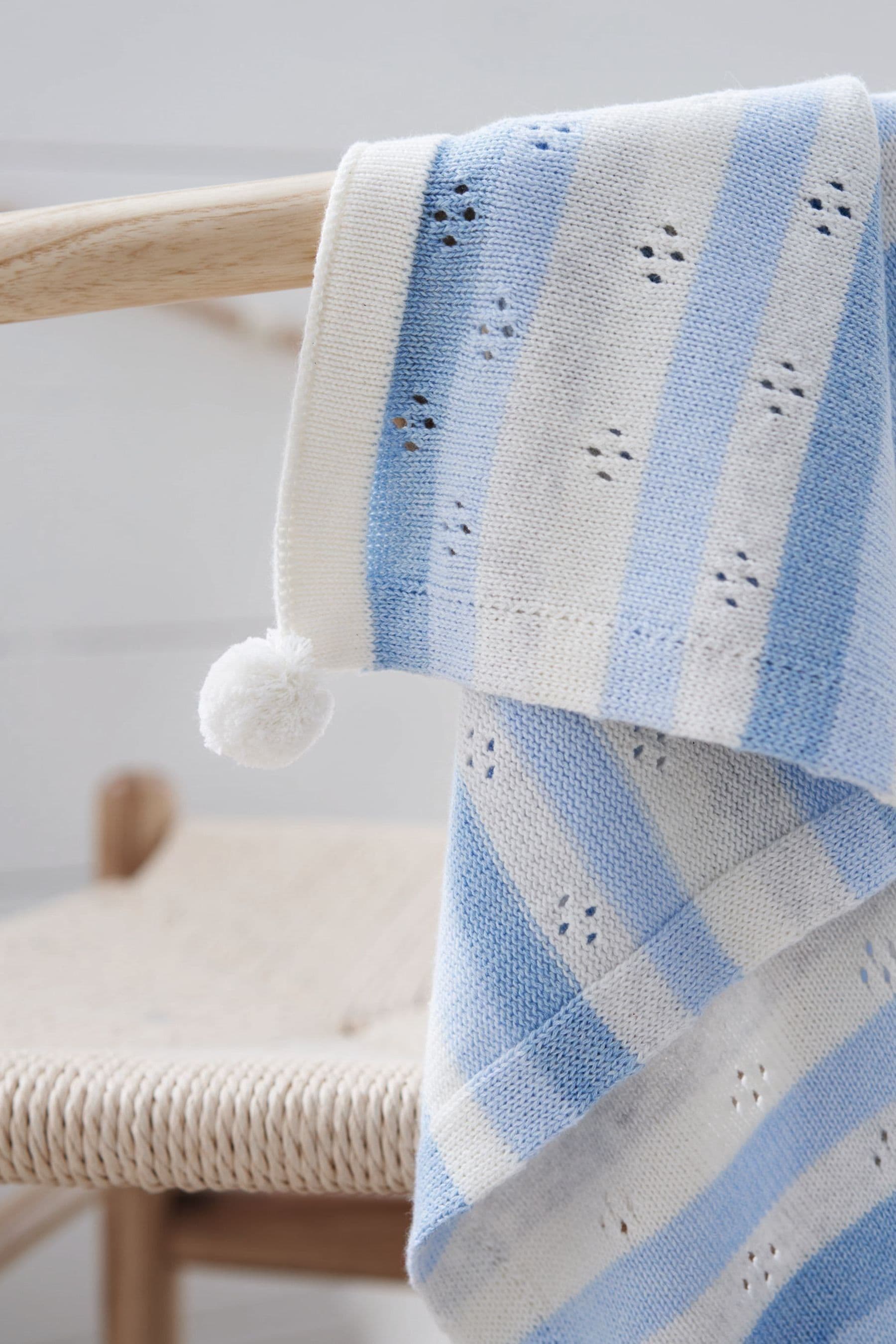 Blue The White Company Blue Striped Cotton Cashmere Blanket