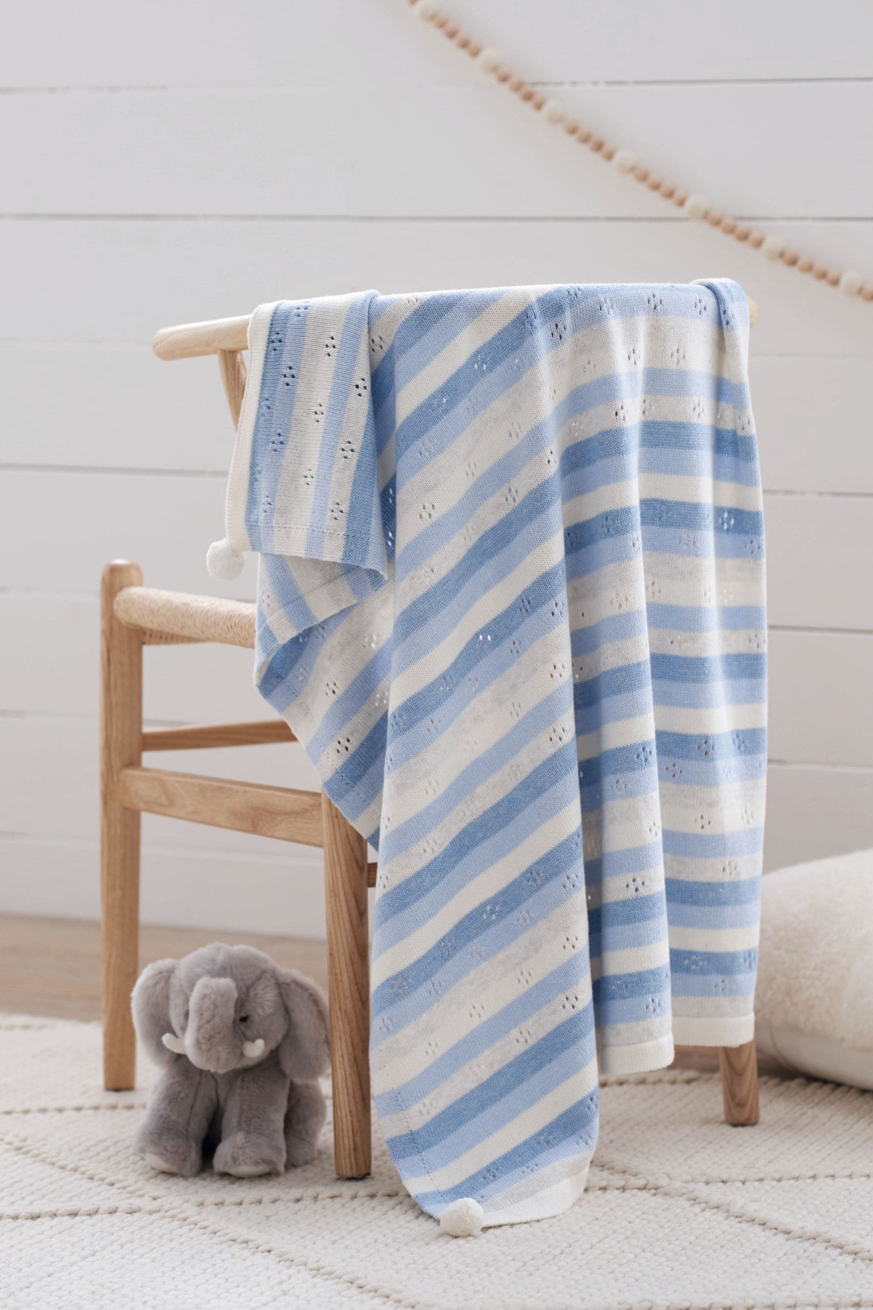 Blue The White Company Blue Striped Cotton Cashmere Blanket