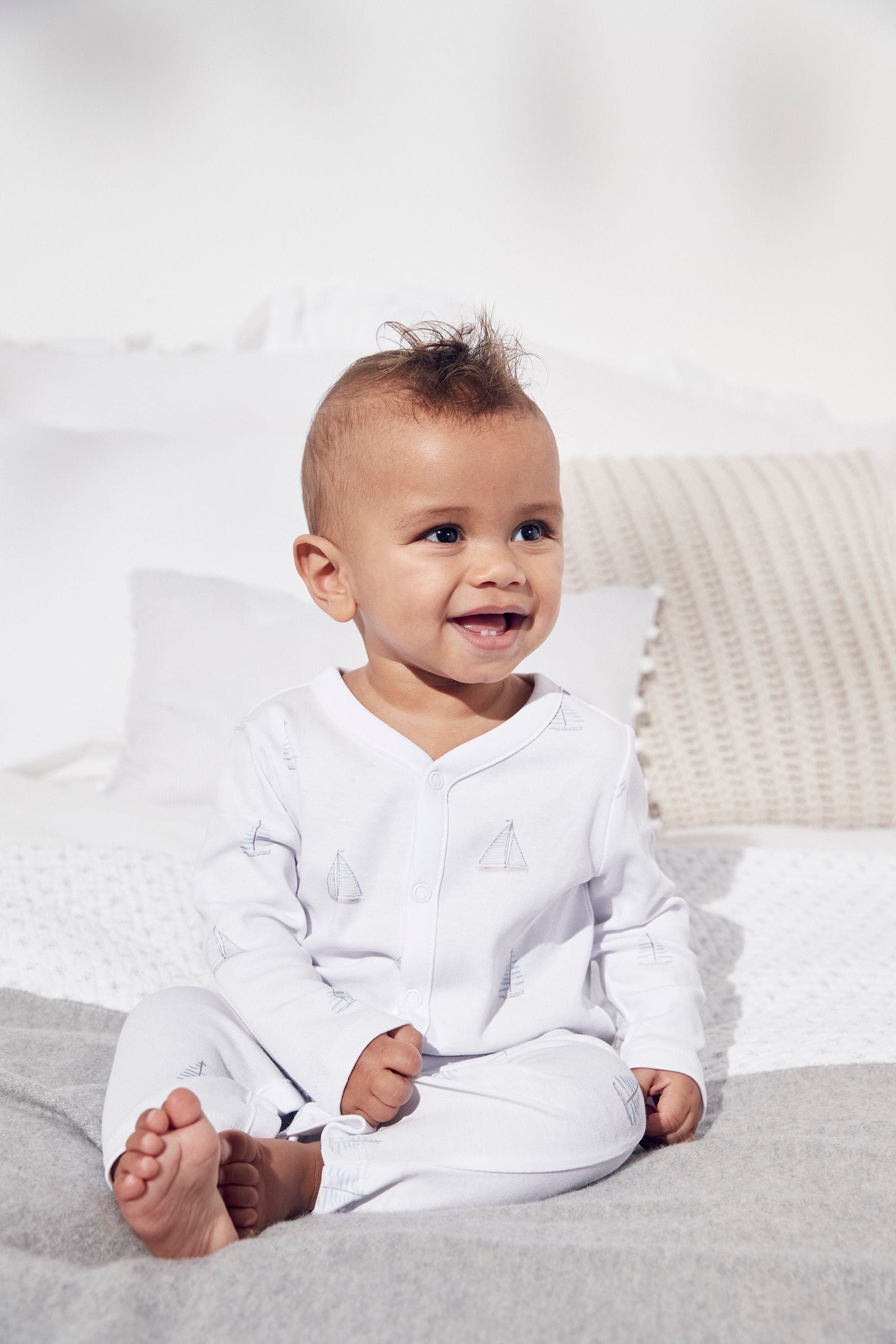 The White Company Boys Blue Boat Print Sleepsuit