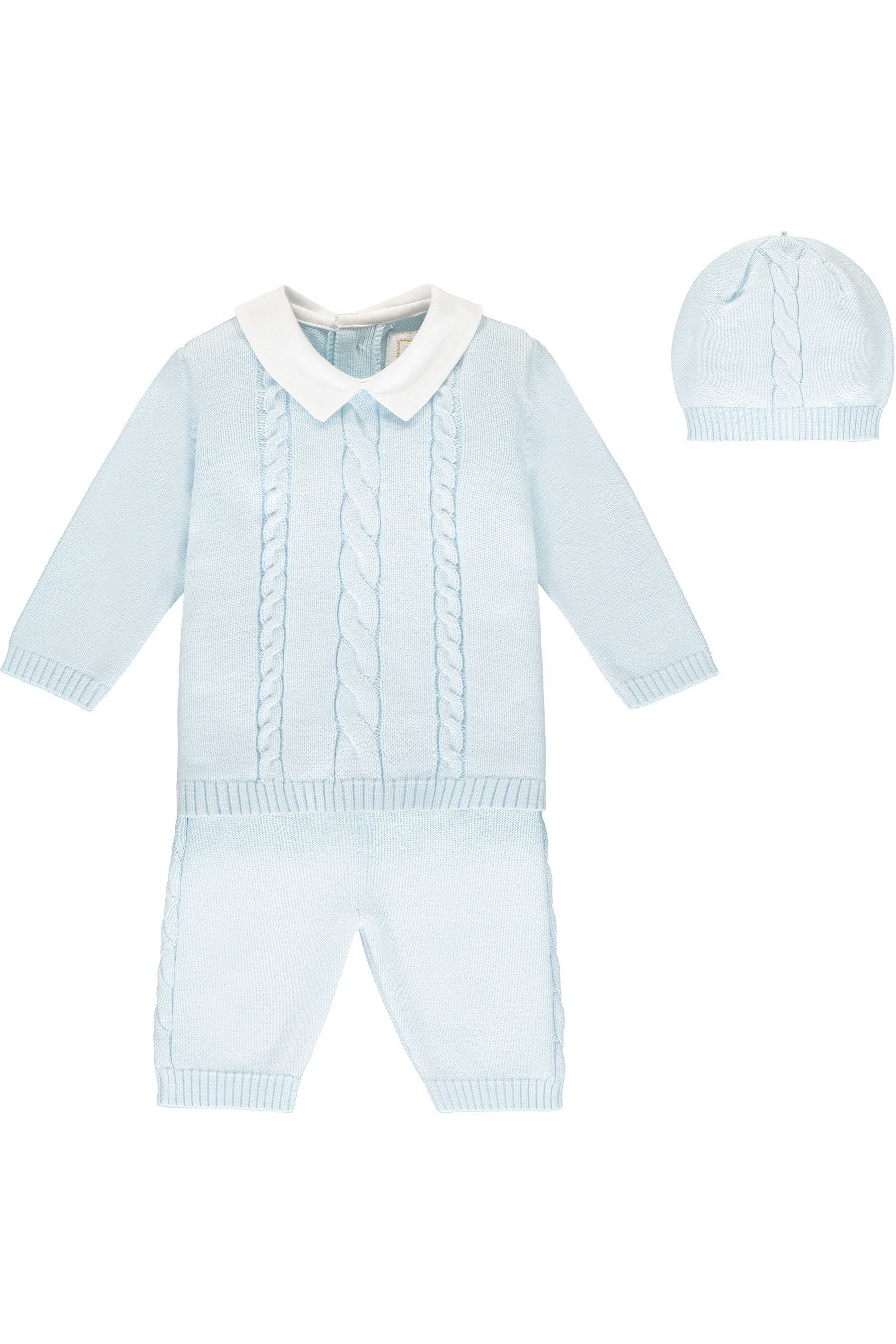 Blue Emile et Rose 2pc Knitted cable Top & Trousers & Hat