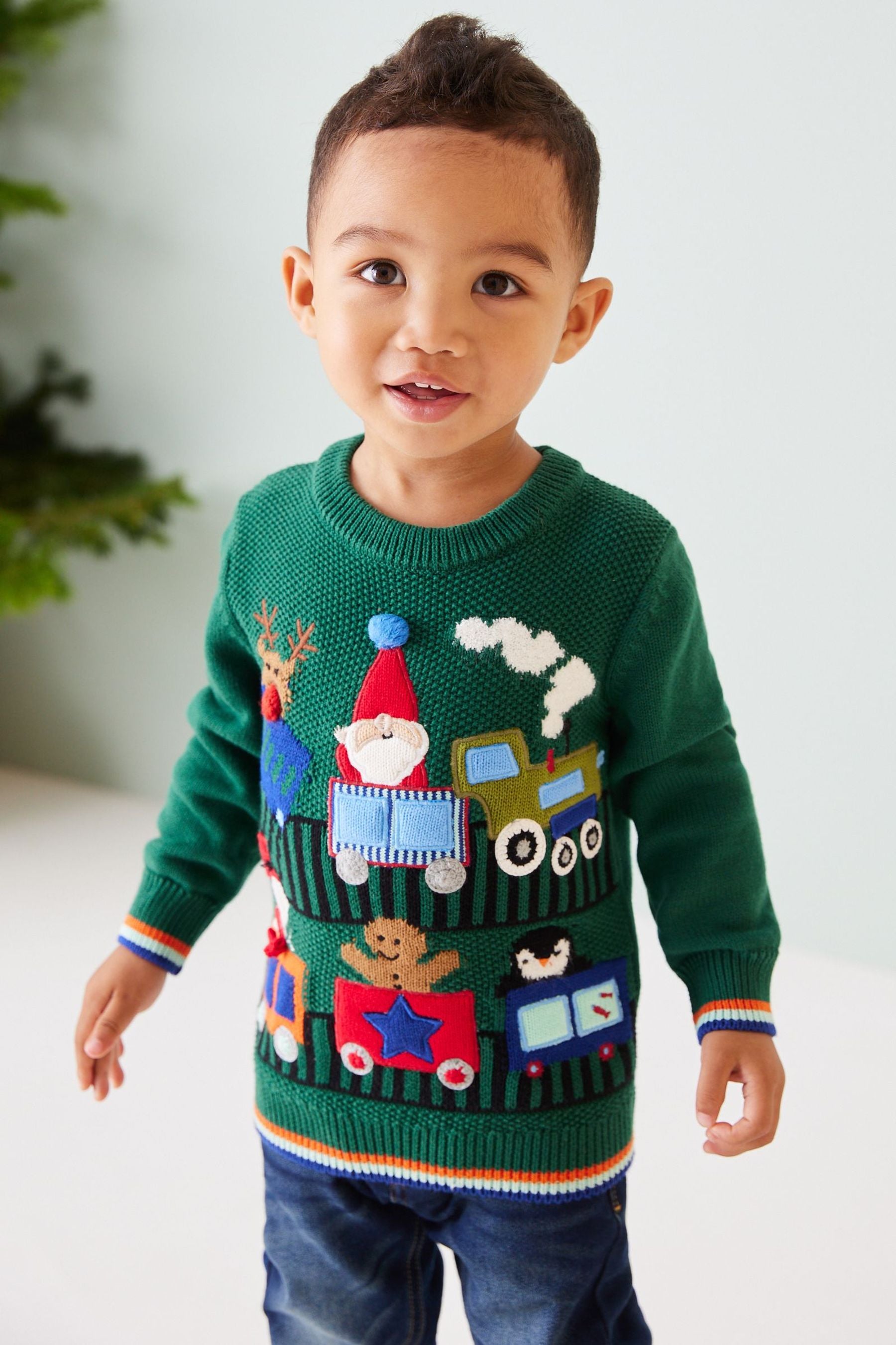 Green Knitted Christmas Train Jumper (3mths-7yrs)