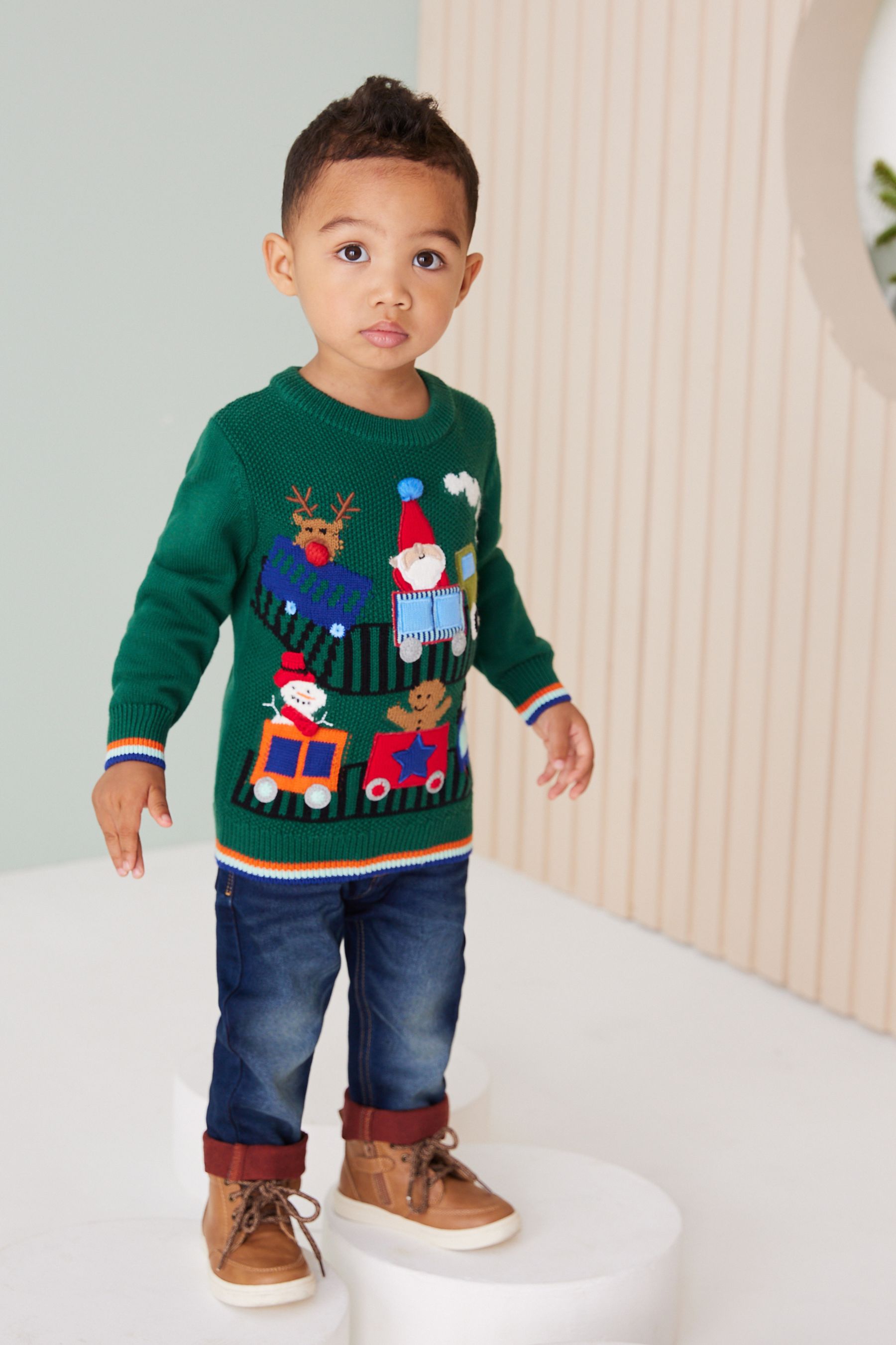 Green Knitted Christmas Train Jumper (3mths-7yrs)