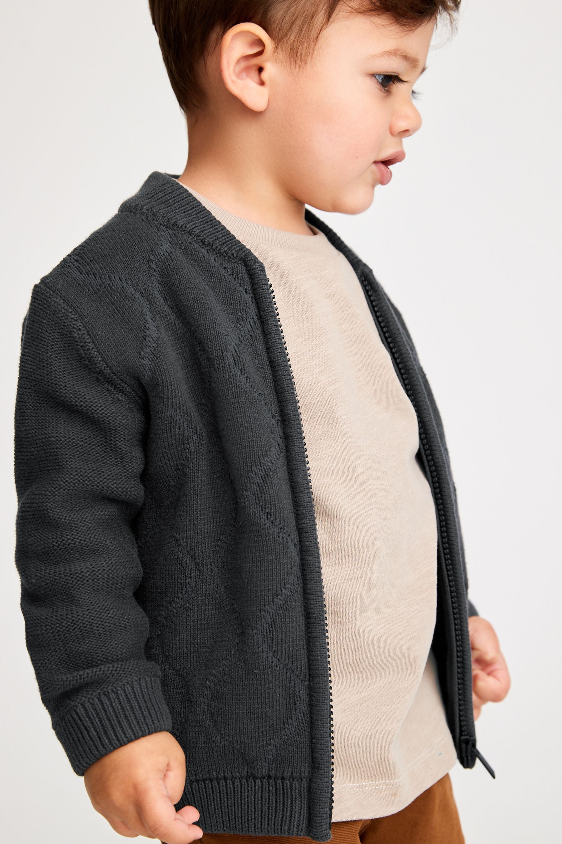 Charcoal Grey Quilted Knitted Zip Through Jacket (3mths-7yrs)