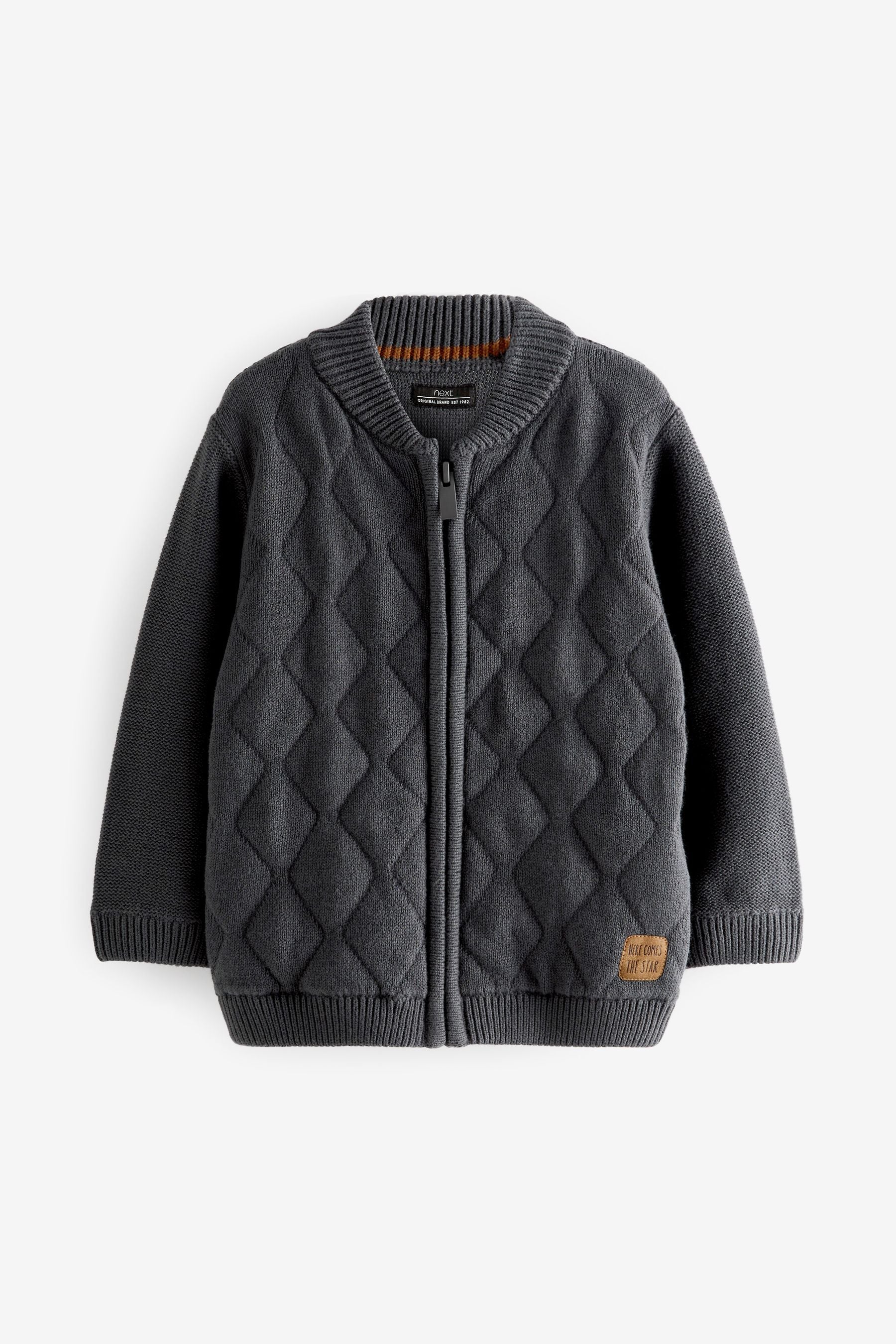 Charcoal Grey Quilted Knitted Zip Through Jacket (3mths-7yrs)