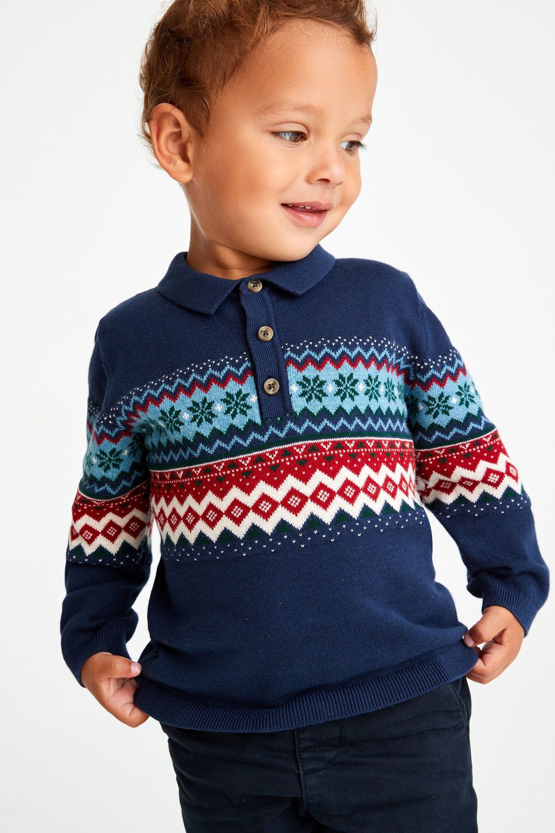 Navy Blue Christmas Knitted Polo Shirt (3mths-7yrs)