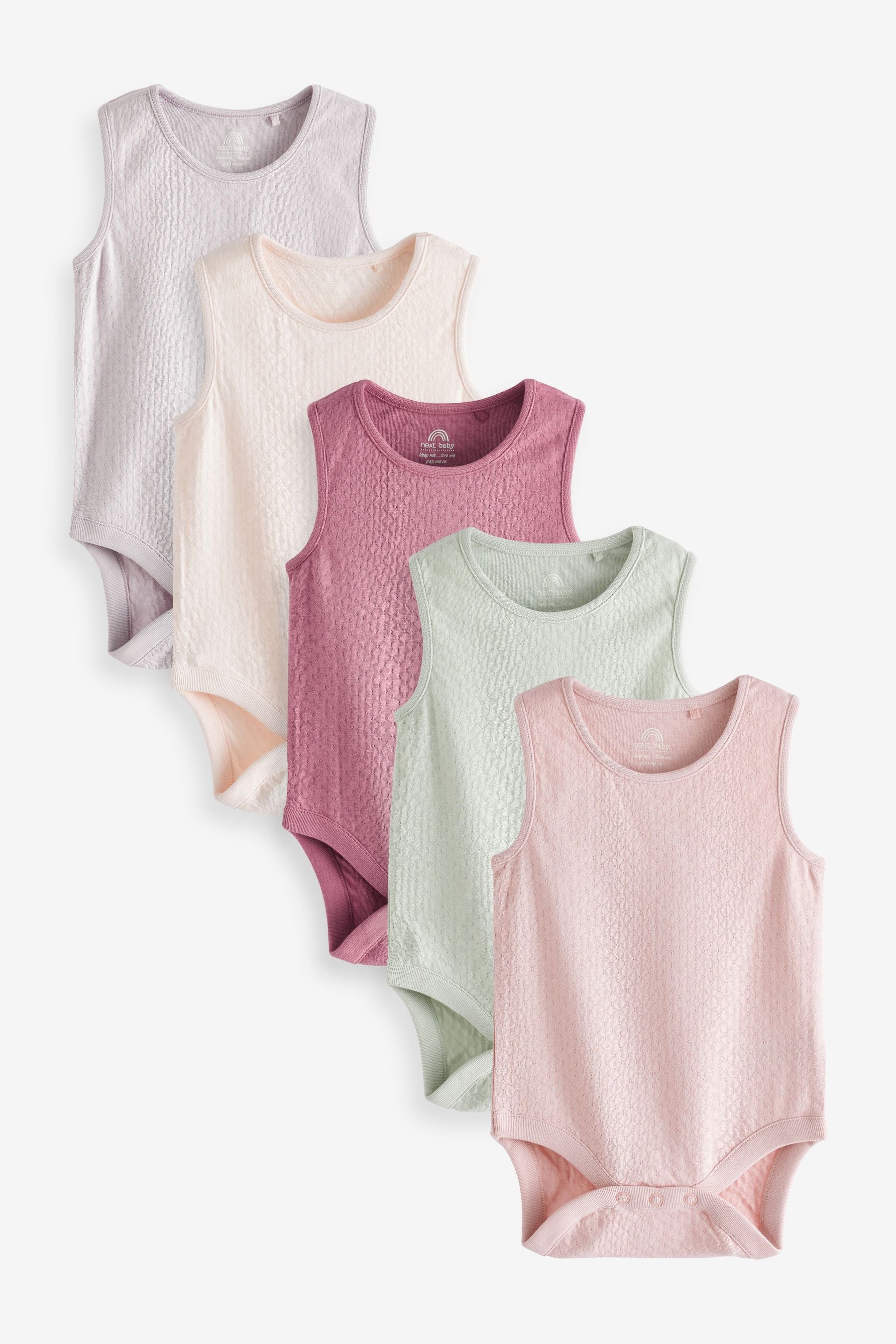 Multi Pastel Pink/Purple Pointelle 5 Pack Baby Vest Bodysuits