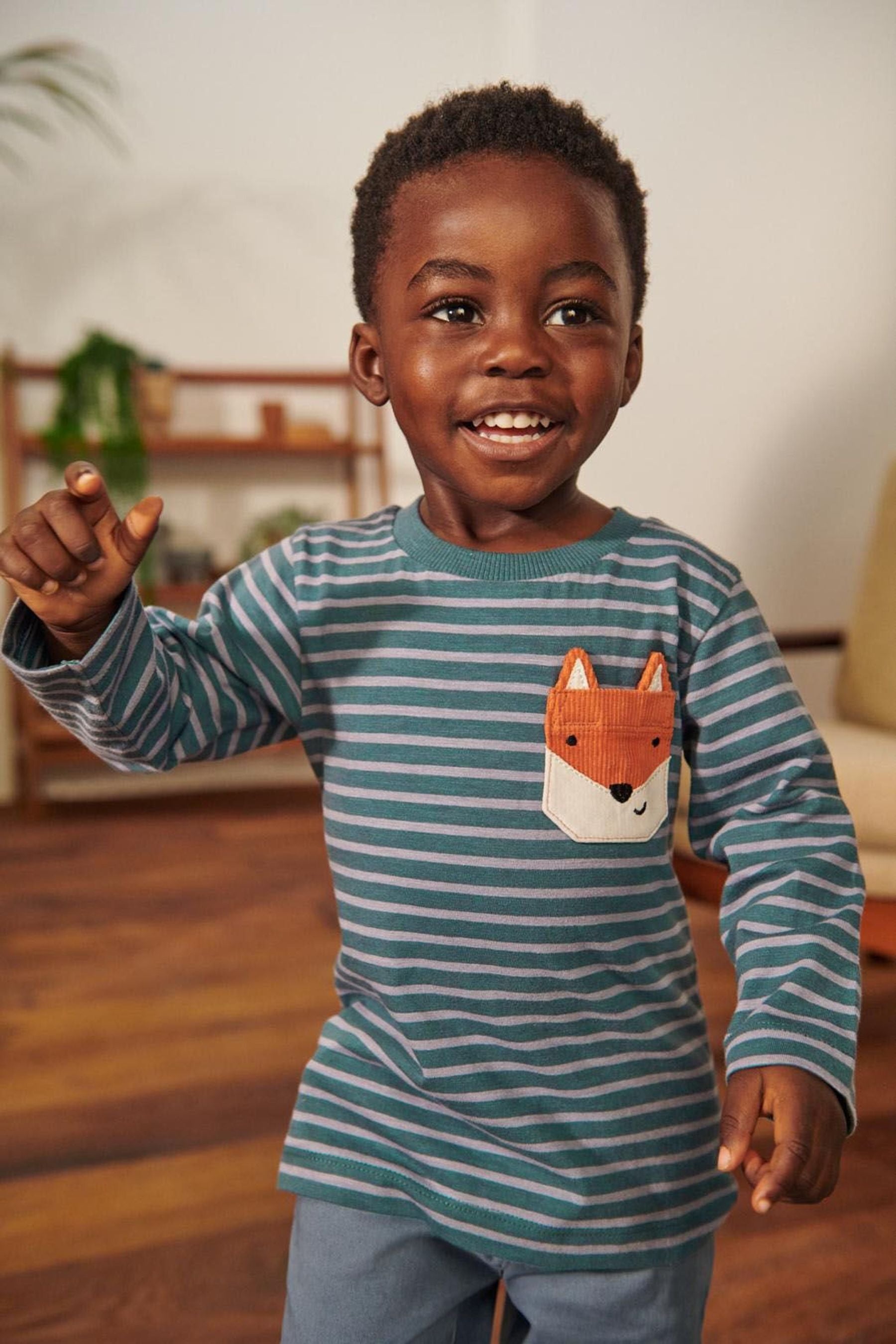 Blue Stripe Fox Long Sleeve Pocket T-Shirt (3mths-7yrs)